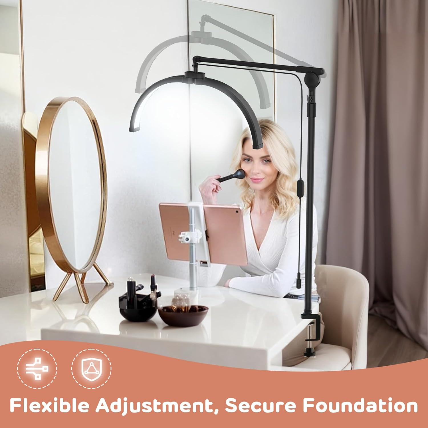 Advwin Lash Light, Half Moon Floor Fill Lamp 2-In-1 Led Desk Lamp with Phone Holder, Rotatable Standing Floor Estheticians Light for Tattoo Salon Eyelash image number 1