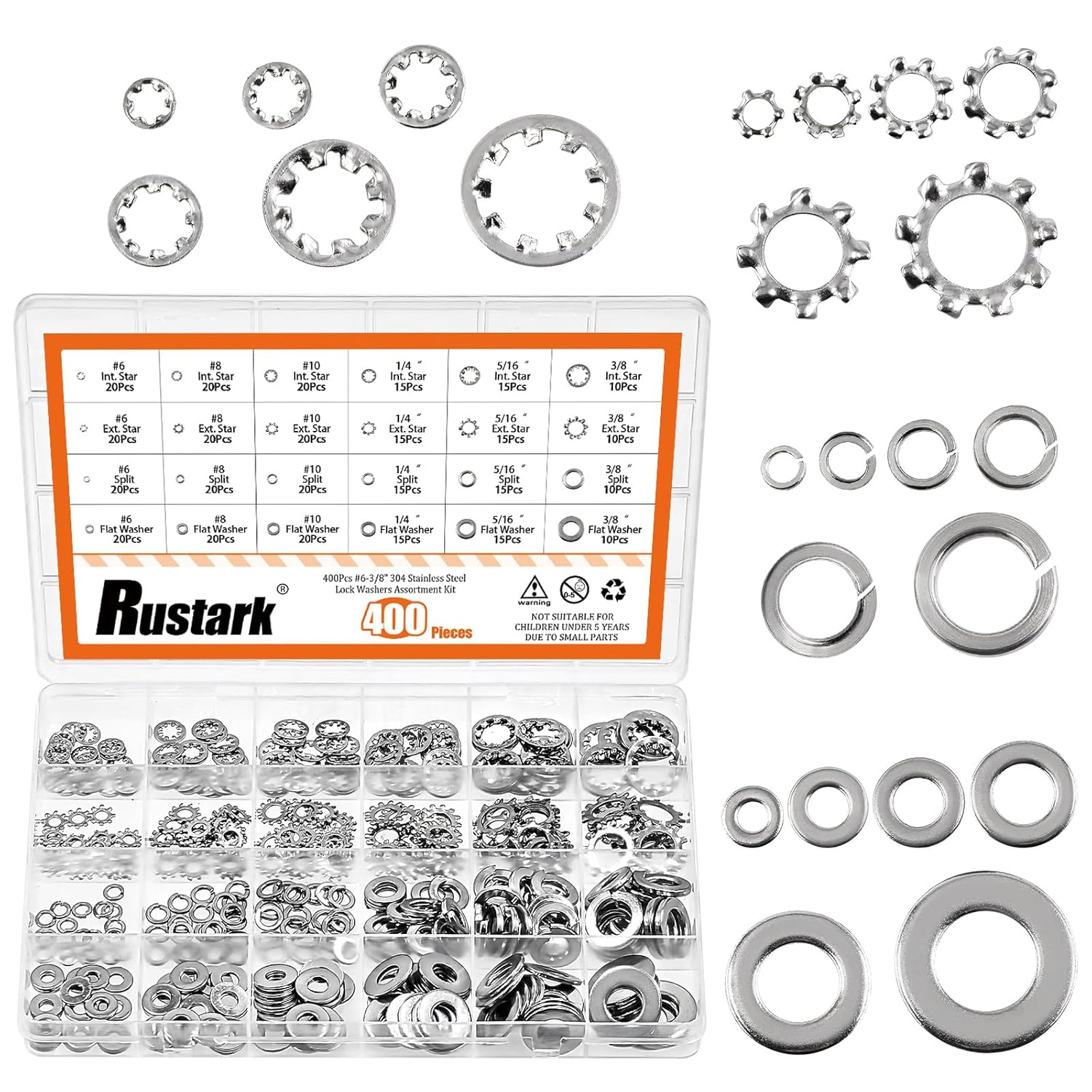 Rustark 400Pcs 6 Sizes 304 Stainless Steel SAE External & Internal Star Washers & Split Lock Washers & Flat Washers Assortment Kit Spring Lock Washers for Home Industry Construction image number 4