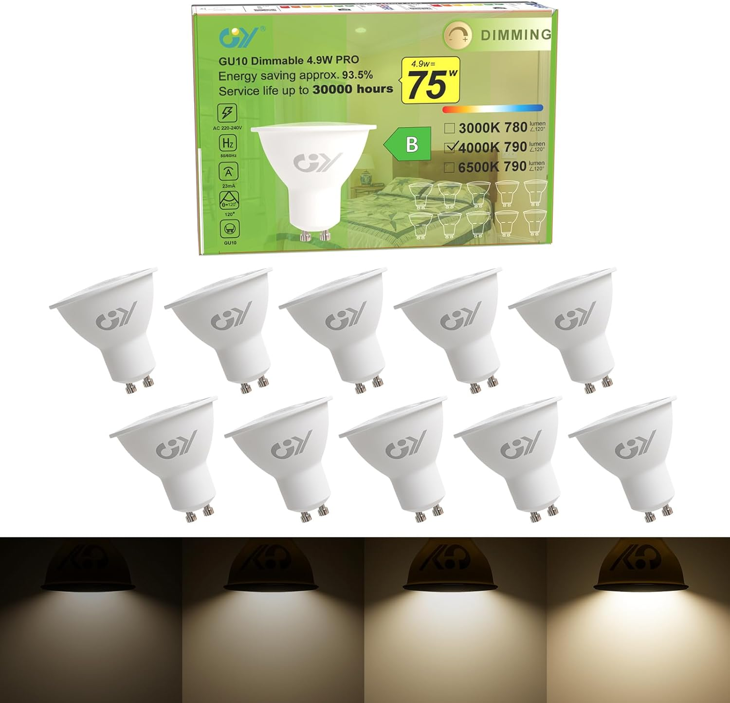 GY GU10 LED Bulb 4.9W 790Lm Cool White 6500K Energy Saving LED Bulb, Energy Efficiency Class B Replaces 80W, 110&deg;Beam Angle Non-Dimmable, 10 Pack