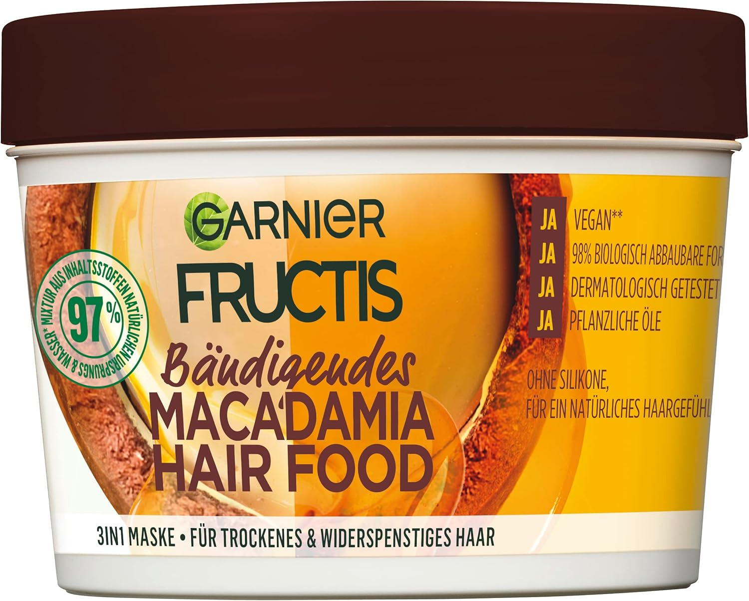 Garnier Hair Mask Taming Macadamia Hair Food 3-In-1 Silicone Free for Natural Hair Feeling, Hair Food, Fructis, 390 Ml