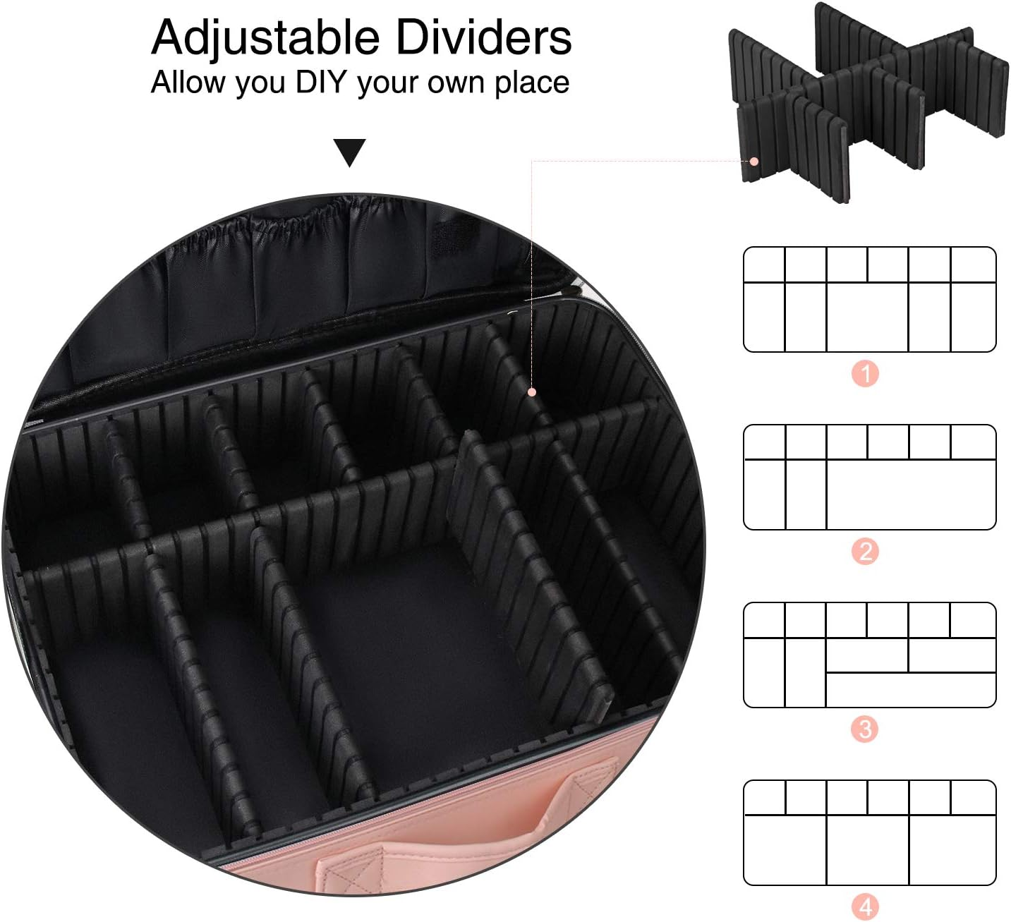 Relavel Professional Large Makeup Case Cosmetic Train Case Makeup Bag Organizer Professional Waterproof Travel Cosmetic Case Box with Removable Dividers Shoulder Strap (B Pink) image number 1