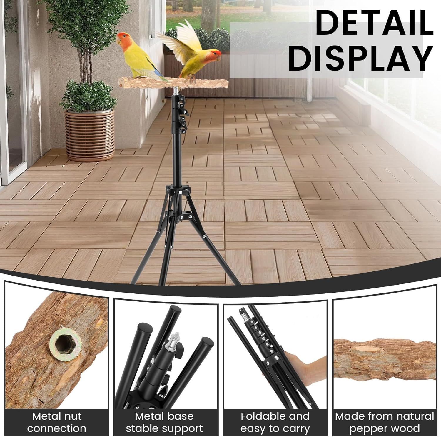 DJAPWPX Wood Bird Perch Stand, Easy to Install Bird Shower Perch, 16-63 in Height Adjustable Parrot Training Stand, Parrot Rack for Indoor and Outdoor image number 3