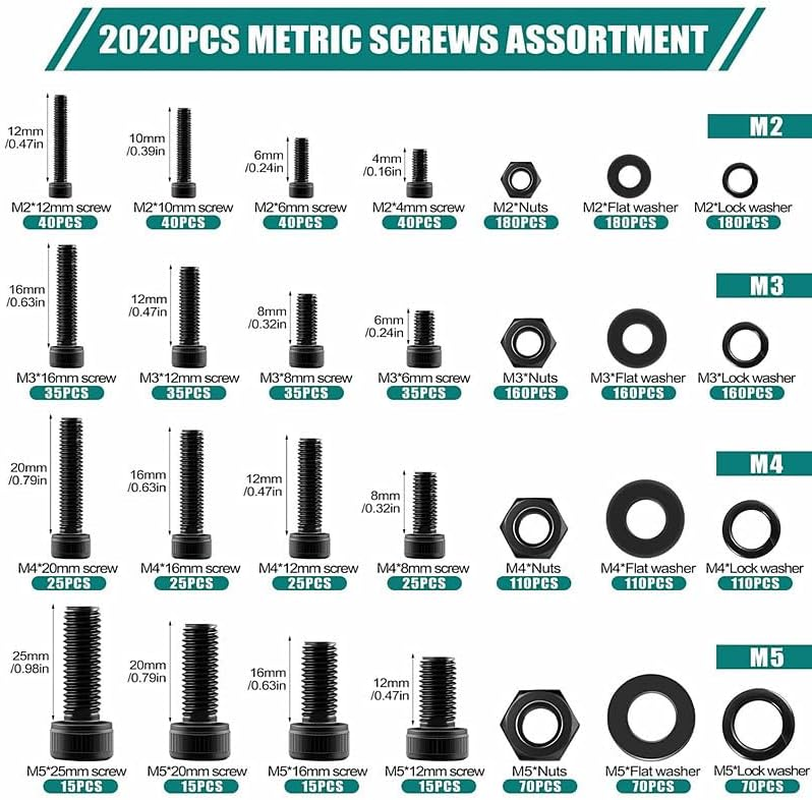 KUGONTC Metric Screw Assortment, 2020PCS Metric Bolt Assortment Kit M2 M3 M4 M5 Machine Screws with Lock & Flat Washers, Grade 10.9 Alloy Steel Hex Socket Button Head Black Screws Nuts and Bolts Kit image number 3