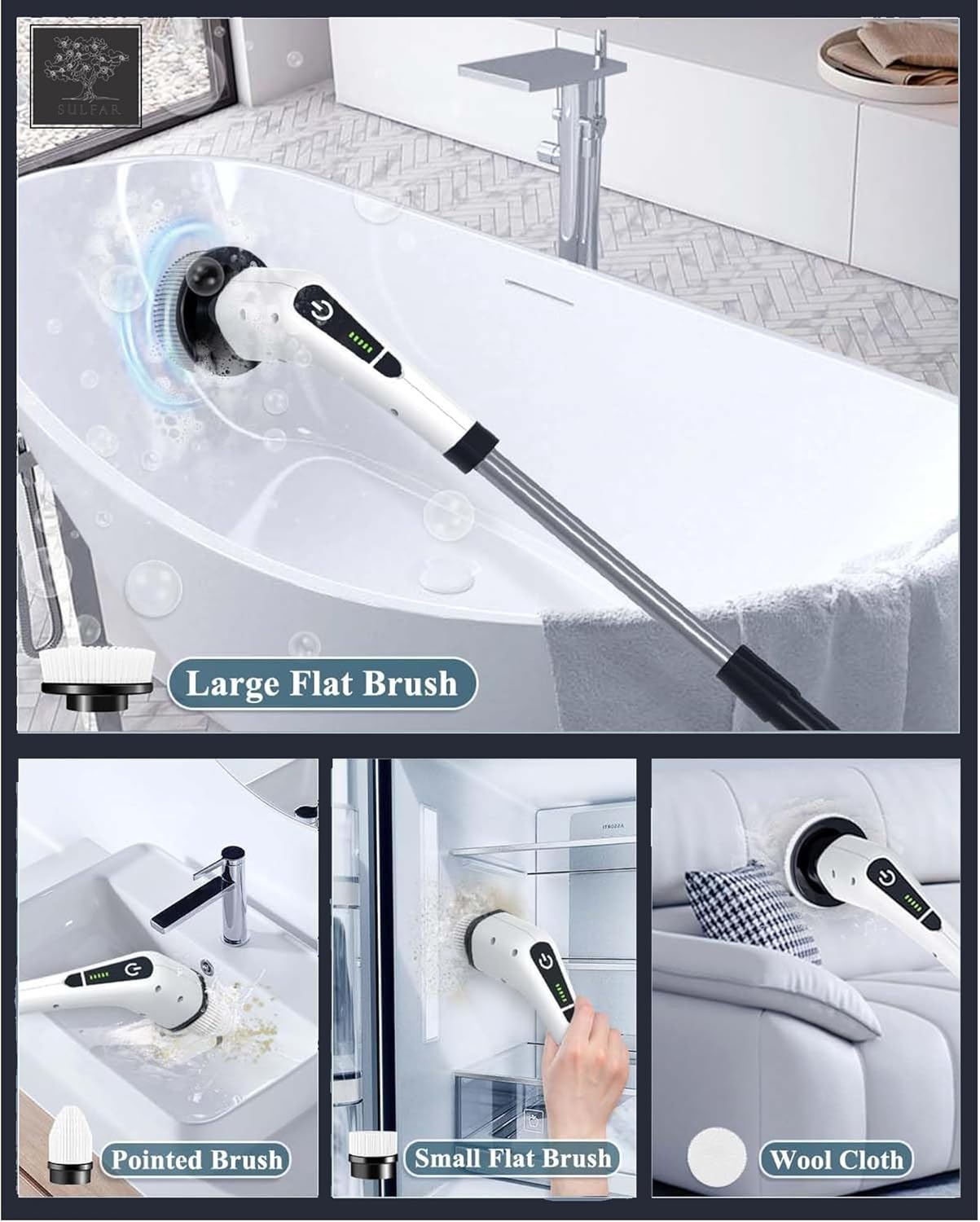 Sulfar Electric Spin Scrubber, Cordless Cleaning Brush with 7 Replaceable Drill Brush Heads and 54 Inch Adjustable Extension Arm, Power Shower Scrubber for Bathroom, Kitchen, Floor, Tile, Tub image number 5