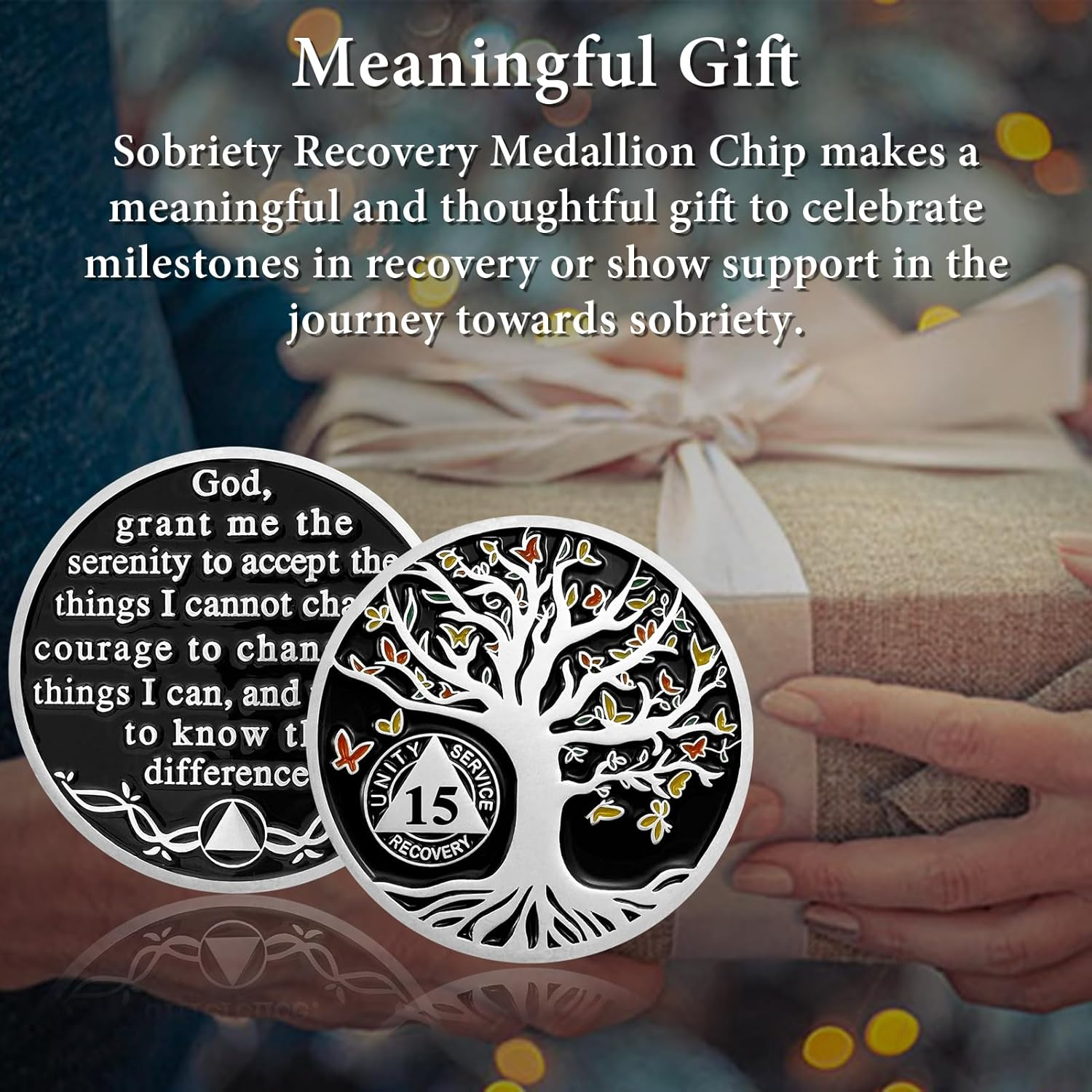 15 Year Sobriety Coin, Butterfly Tree of Life AA Medallions Serenity Prayer Sobriety Chips - AA Coins Anniversary Recovery Chips Sober Tokens for Alcoholics Anonymous Recovery Sober Gifts image number 2