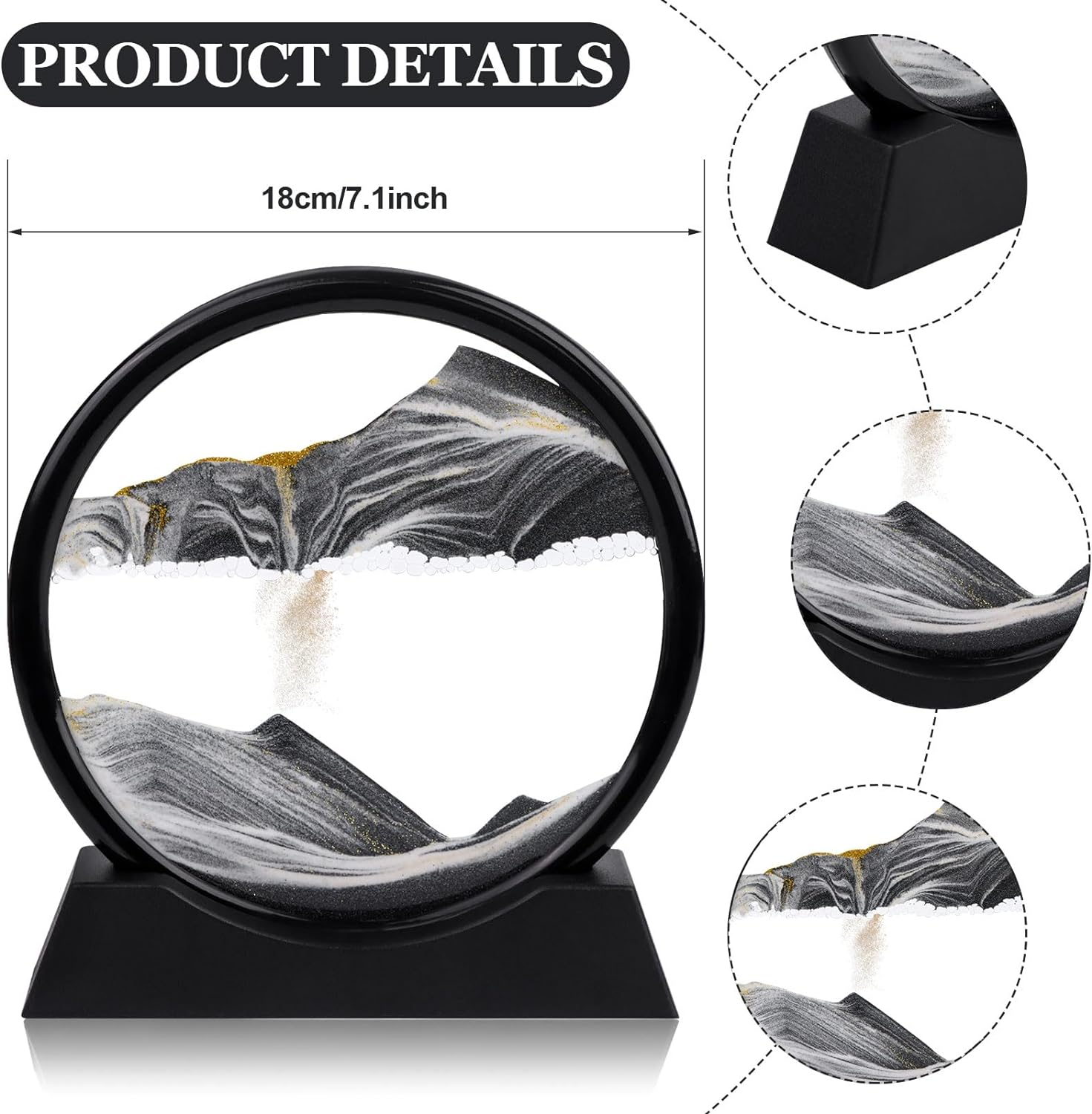 Flowing Sand 3D Natural Landscape Dynamic Art, round Glass Deep Sea Sandscape for Home Ornament, Desktop Art, Bookshelves Decoration (Black, 7 Inches) image number 1