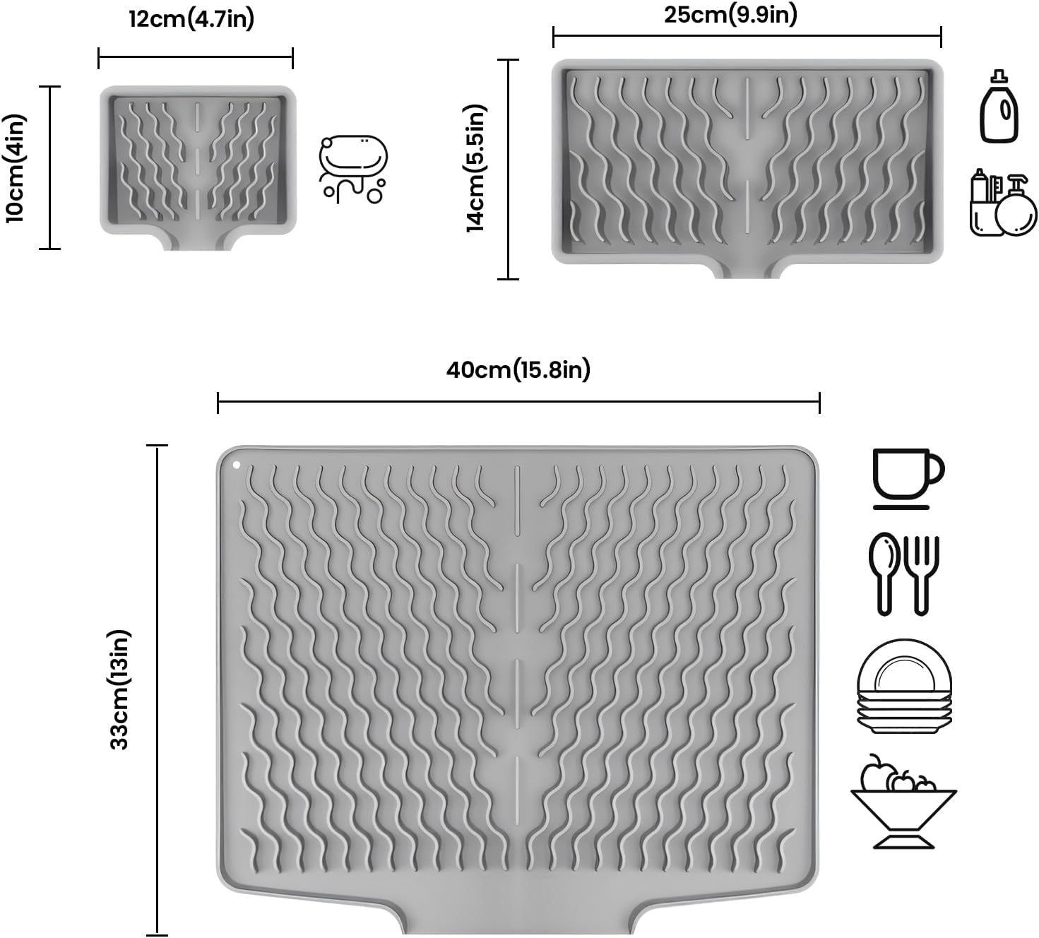 Silicone Dish Drying Mat for Kitchen Counter,Non Slip Drain Pad,Dish Drying Mats with Built in Drain,Large Dish Drying Mat,Silicone Soap Dish,Easy to Clean Drying Pad.Set of 3(Grey) image number 2