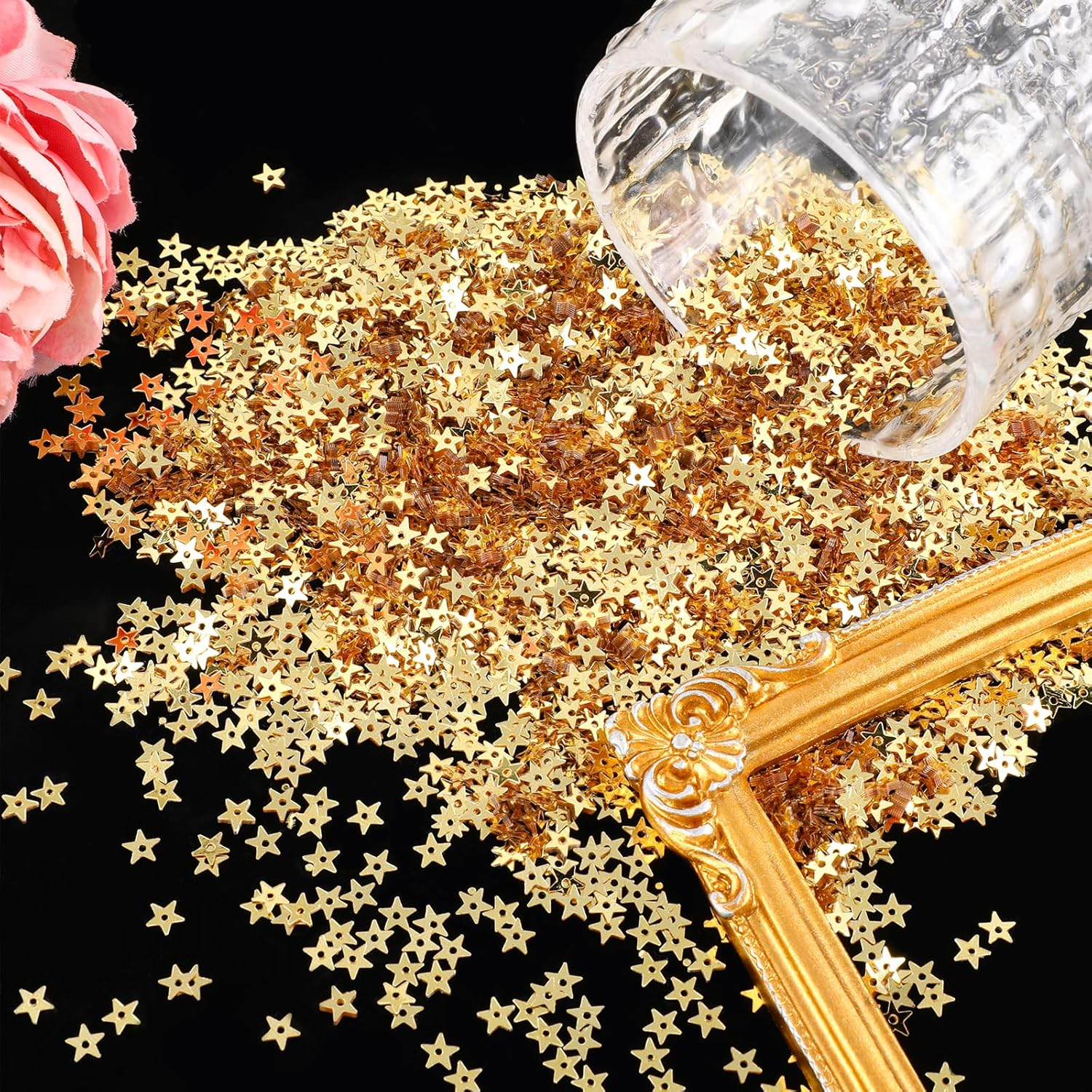 6Mm/0.24" Gold Star Sequins Art Craft Glitter Mini Stars Sew on Sequins Hollow Star Embroidery Sequin Star Confetti Star Table Metallic Foil Stars Sequin with Holes for Sewing Jewelry Home Decoration image number 2