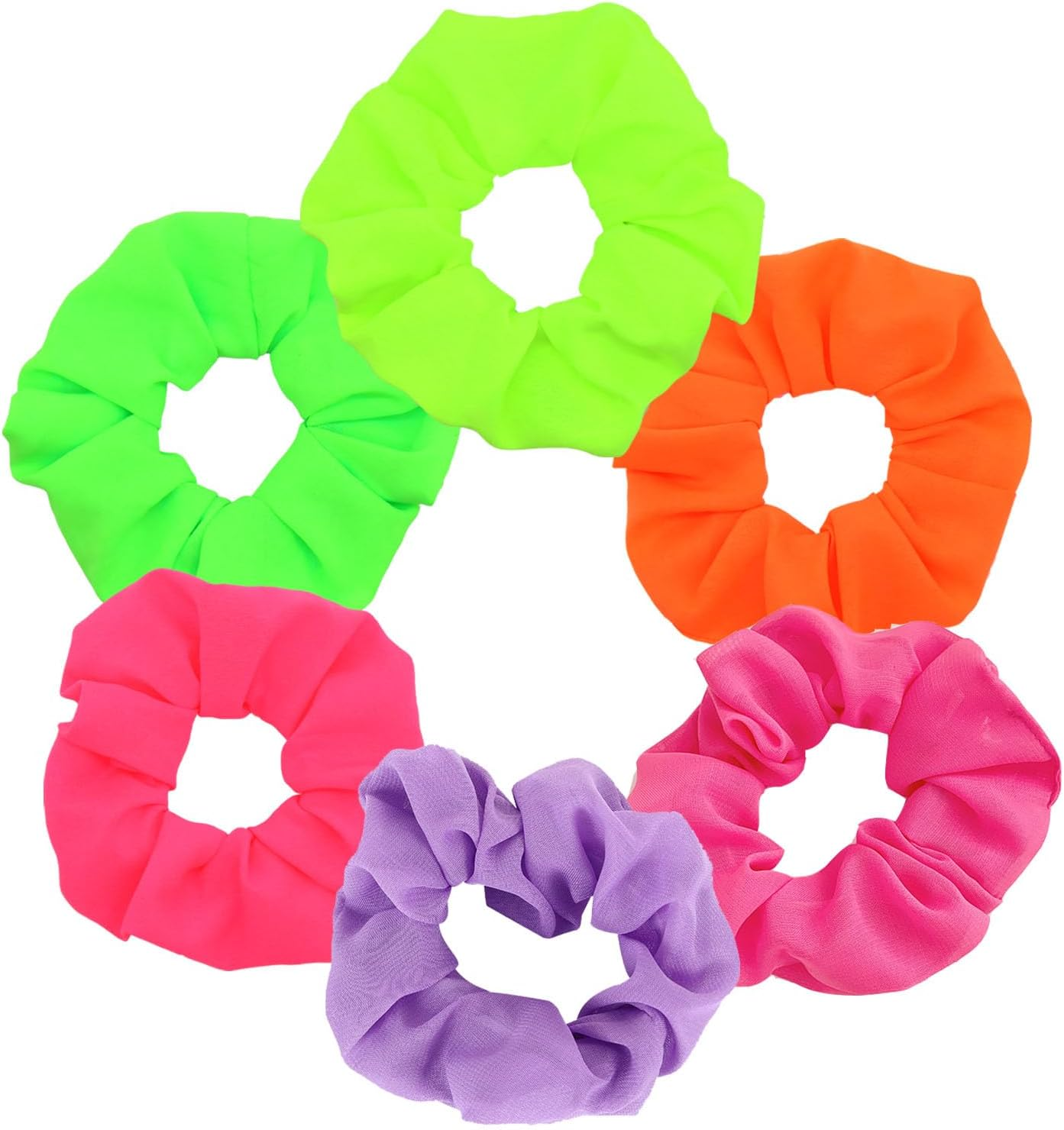 6Pcs Neon Scrunchies for Hair - 80S Retro-Inspired Chiffon & Elastic Ponytail Holders, Hair Ties for Women/Girls - Vibrant Holiday, Halloween & Party Accessories