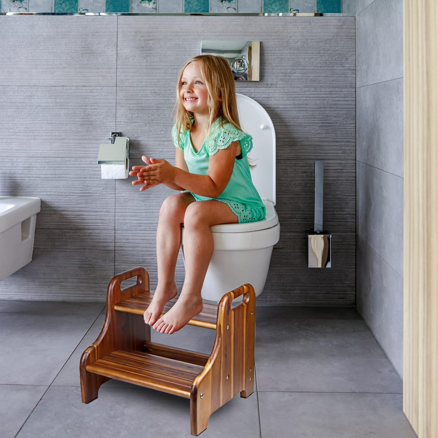 Wood Step Stool for Kids and Toddlers, Natural Acacia Solid Wood, Portable 2 Handles, Wider 2 Steps, Safe Non-Slip Bottom, Rounded Corners, Supports up to 300 Lbs, Perfect for Children (Natural)