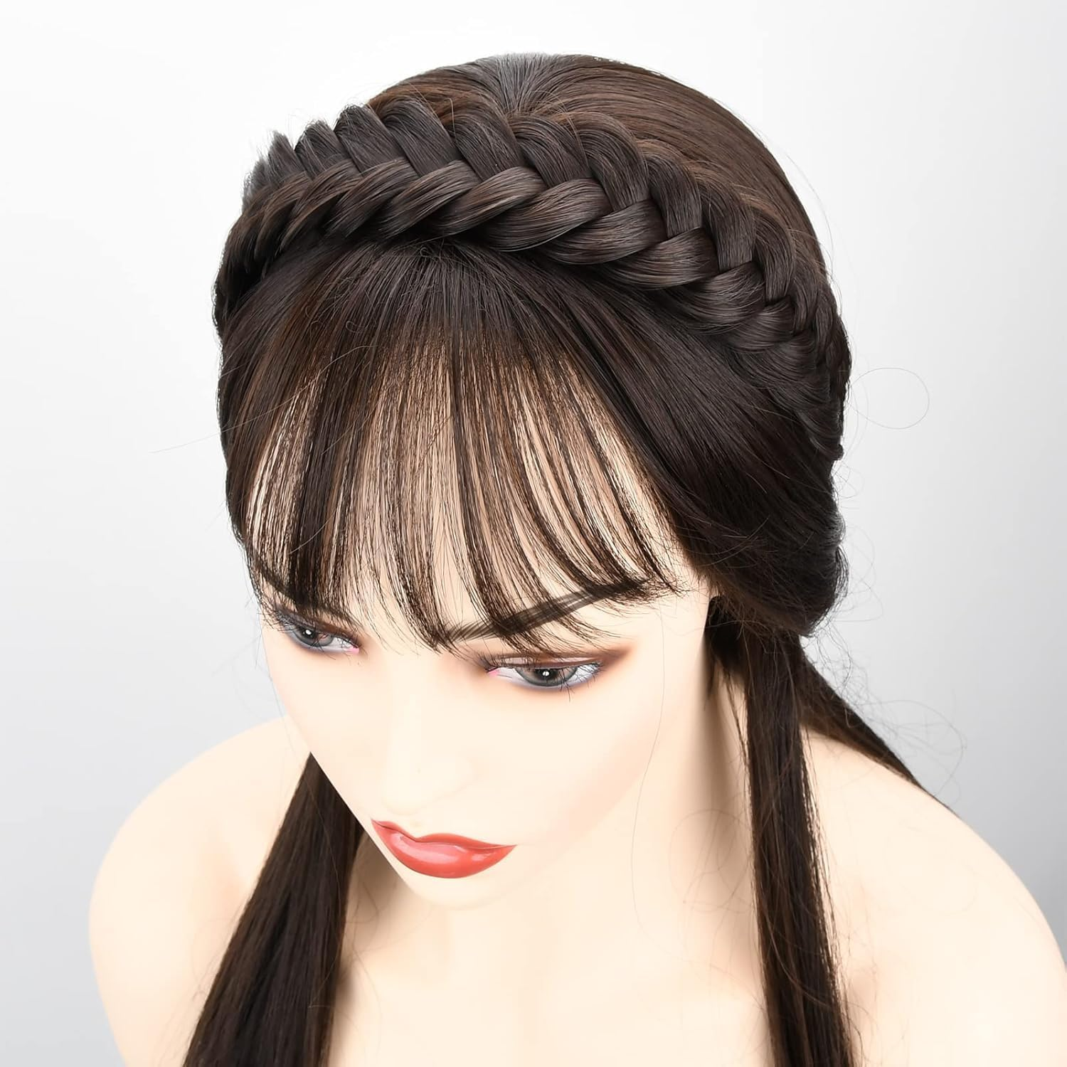 Braided Headbands for Women, 2Pcs Handmade Fishbone Braid Hairband with Non-Slip Grip &ndash; Elastic Stretch Headwrap for High Crown & Effortless Style (Dark Brown) image number 3