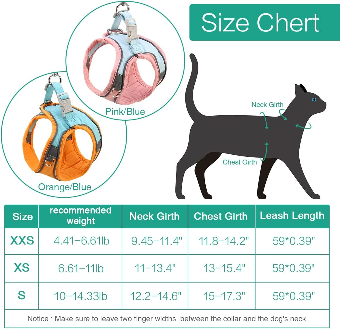 ORIA Pet Harness and Leash Set, Adjustable Dog Harness Cat Harness, Breathable Pet Vest, Reflective Strips Jacket for Walking, for Small Kitten, Puppy -Orange & Blue, XXS