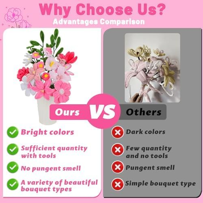 550 Pcs Pipe Cleaner Flowers Craft Kit, 7 Colors Pipe Cleaners Craft Flower Making Kit, Chenille Stems with Tutorial, Bouquet DIY Craft Supplies for Festivals Decorations image number 3