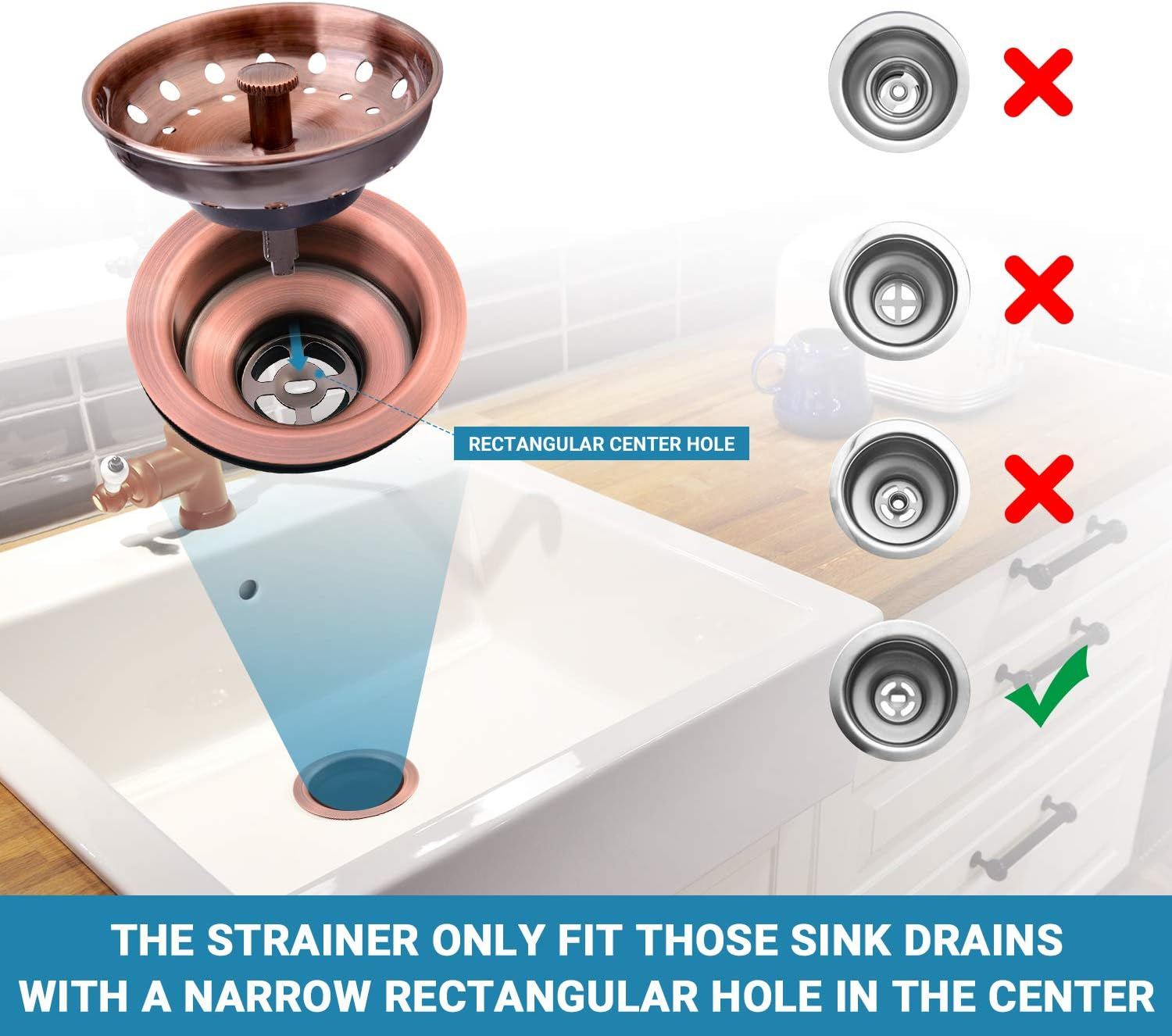 KONE Copper Kitchen Sink Strainer Basket, 2 Pcs Stainless Steel Antique Copper Sink Drain Strainer and Sink Stopper for Standard 3-1/2 Inch Sink Drain, with Metal Center Knob and Rubber Drain Stopper image number 4