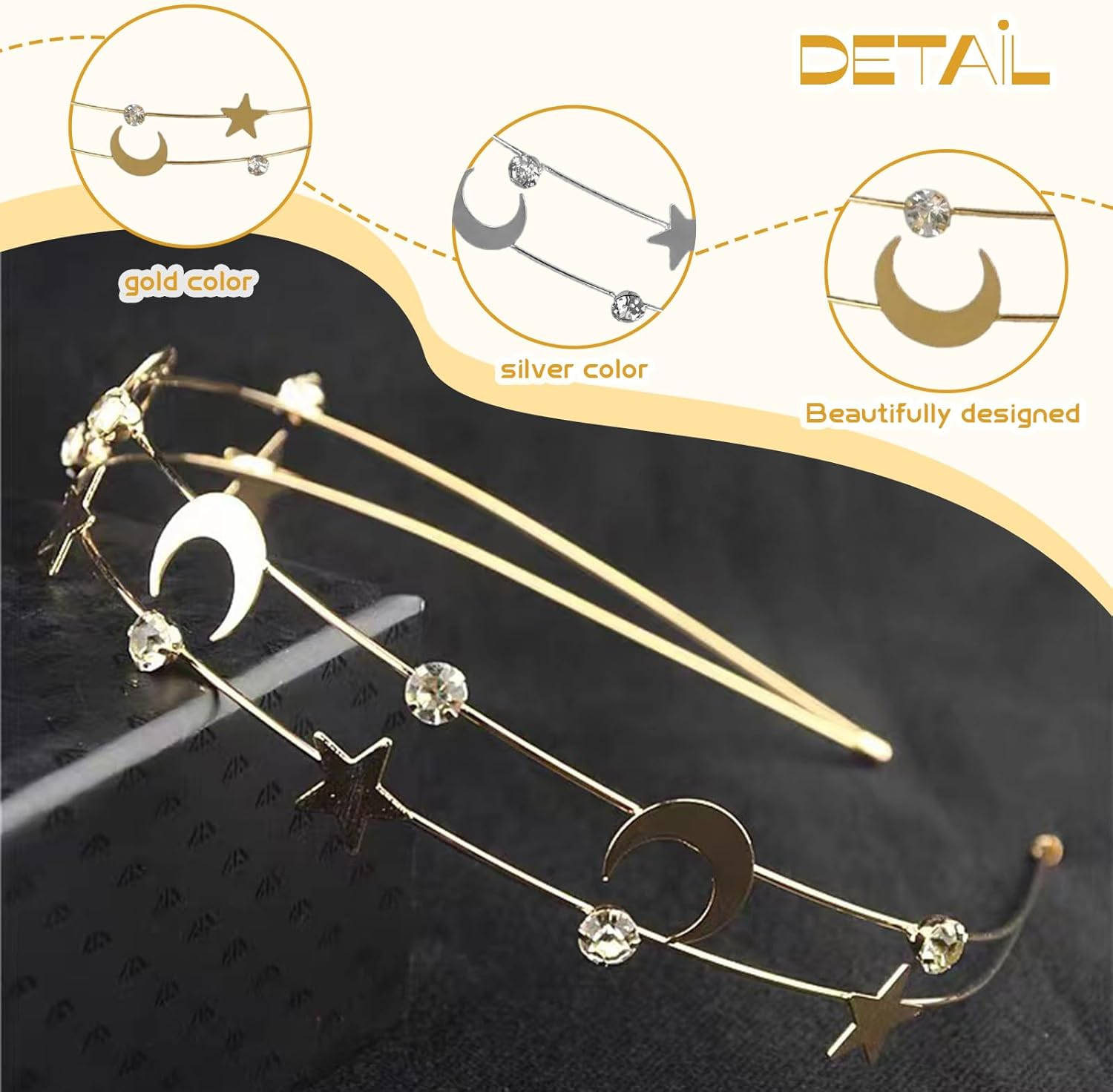 TELAIN Women'S Star Headband Set of 2 in Gold and Silver with Rhinestones, Comfortable and Durable, for Festivals and Everyday Use image number 1