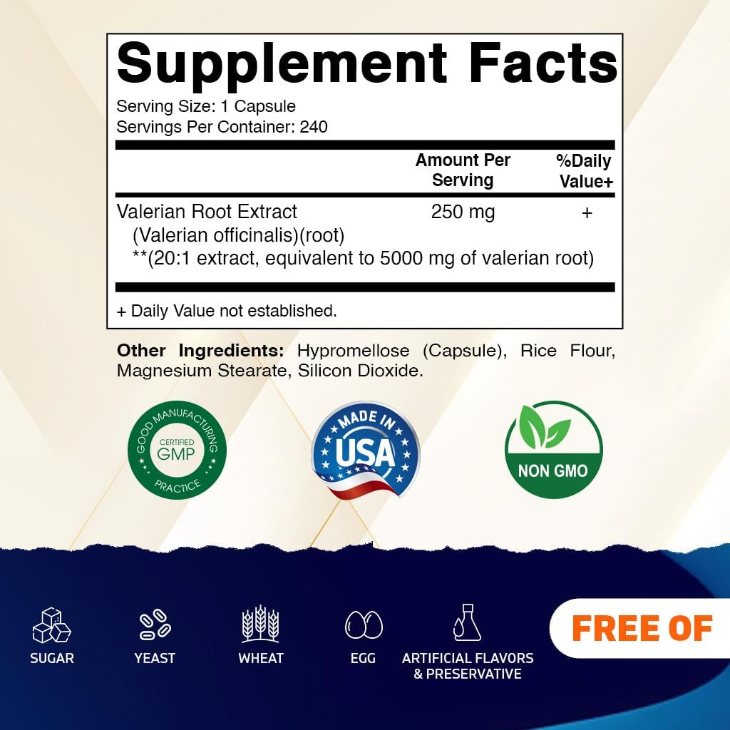 Vitamatic Valerian Root 5000 Mg Equivalent per Capsule - 240 Capsules - 20X Concentrated Extract from 20:1 250Mg - Herbal Sleep Aid image number 5