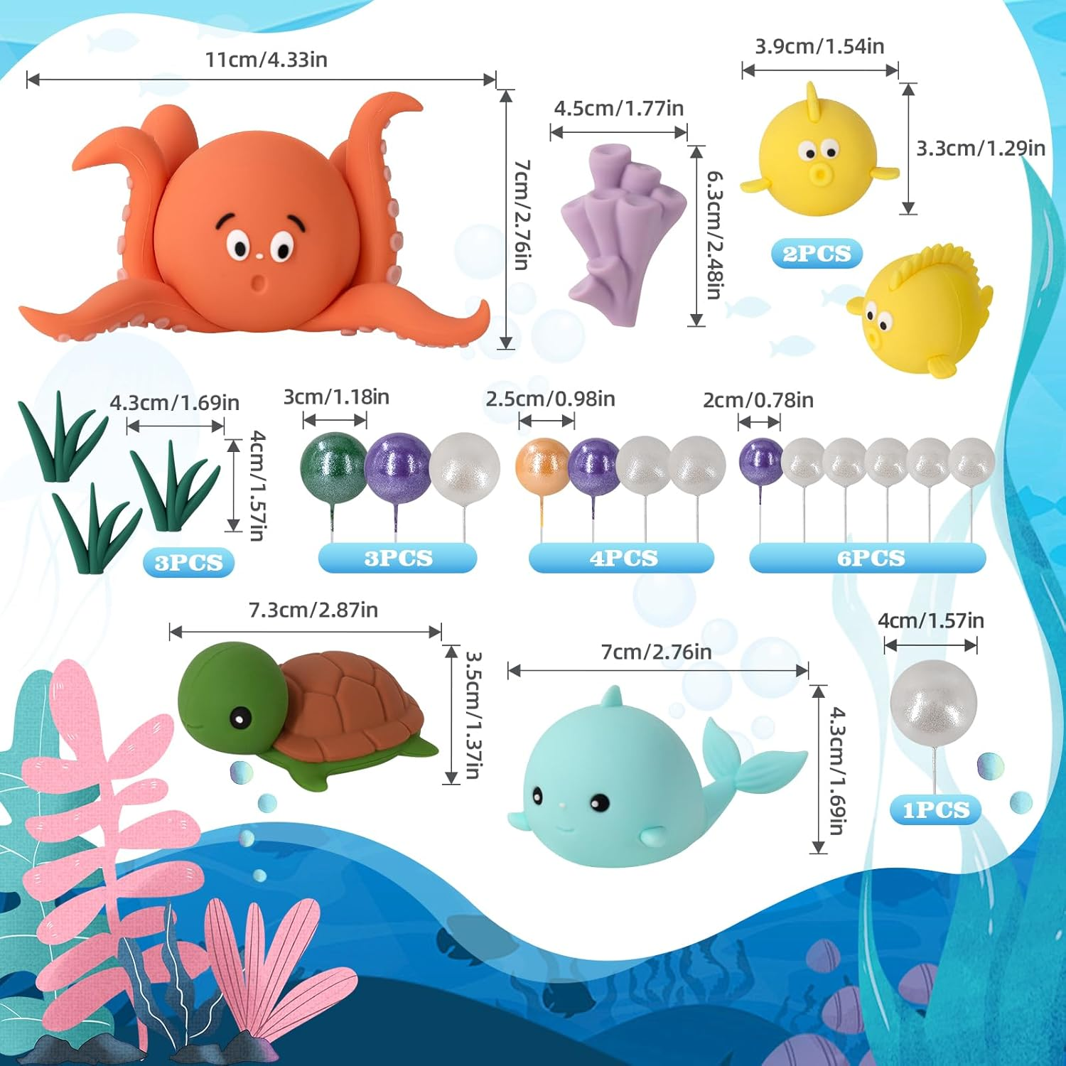 22 PCS under the Sea Cake Decorations Ocean Animals Cake Topper with Cake Balls Decorations for under the Sea Theme Boys Girls Baby Shower Birthday Party Supplies image number 3