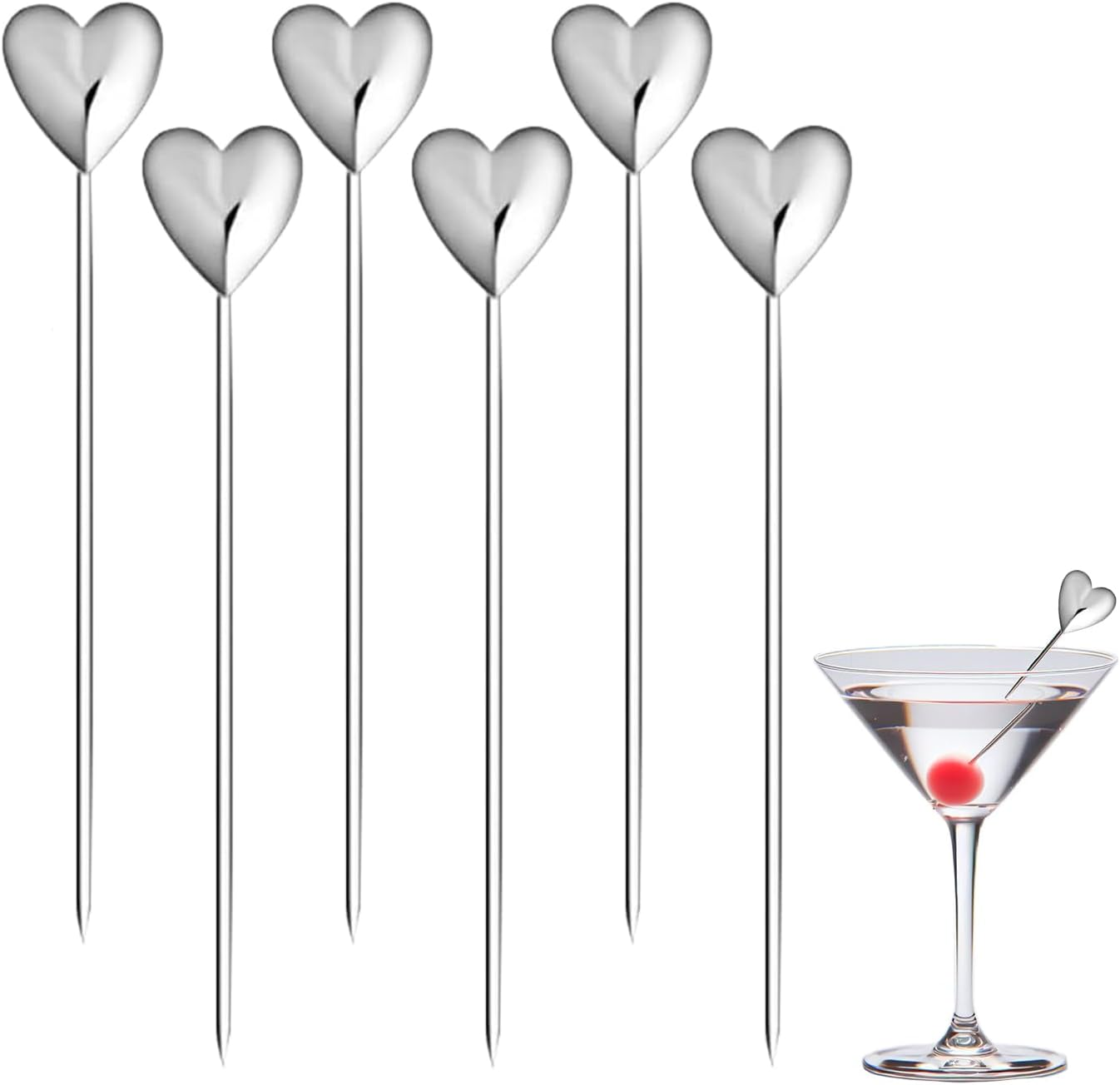Heart Cocktail Picks for Drinks 4 Inch Stainless Steel Reusable Martini Picks Cocktail Garnish Skewers for Olive, Twist, Berry, Beach Style Decor 6-Piece
