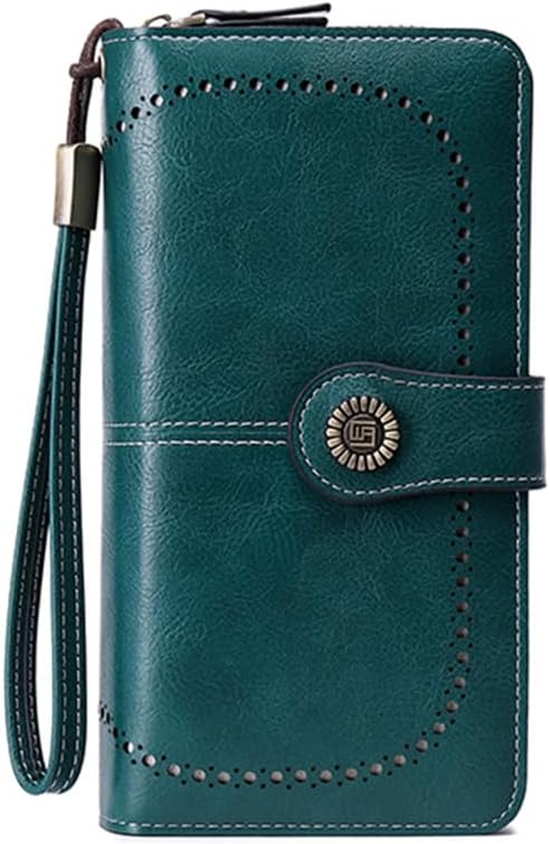 Women Long Wallet Retro Oil Wax Leather Hollowing Out Purse RFID Blocking Credit Card Holder Cute Ladies Girl Travel-Black