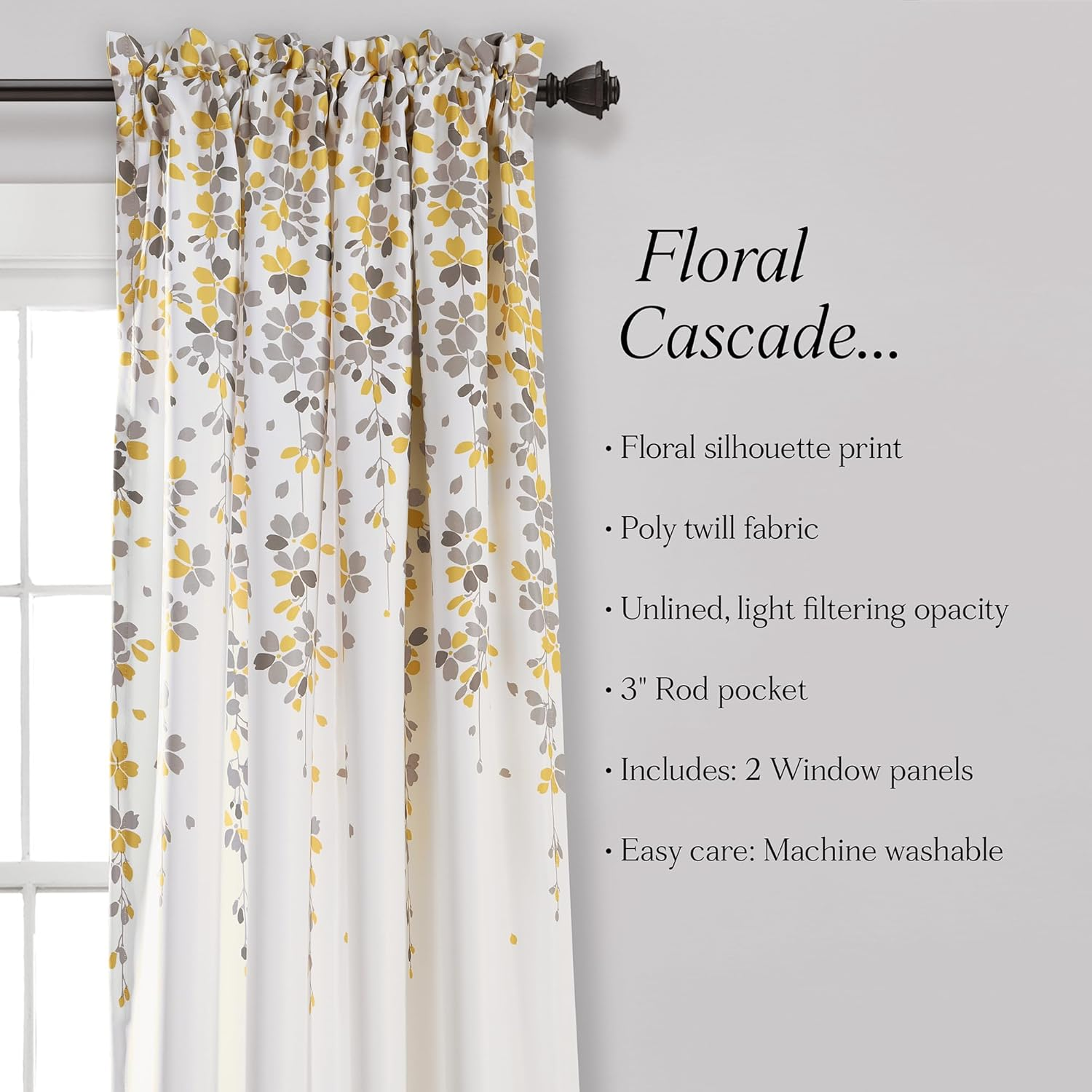 Lush Decor 16T000558 Weeping Flowers Room Darkening Window Panel Curtain Set, 84 Inch X 52 Inch, Yellow/Gray