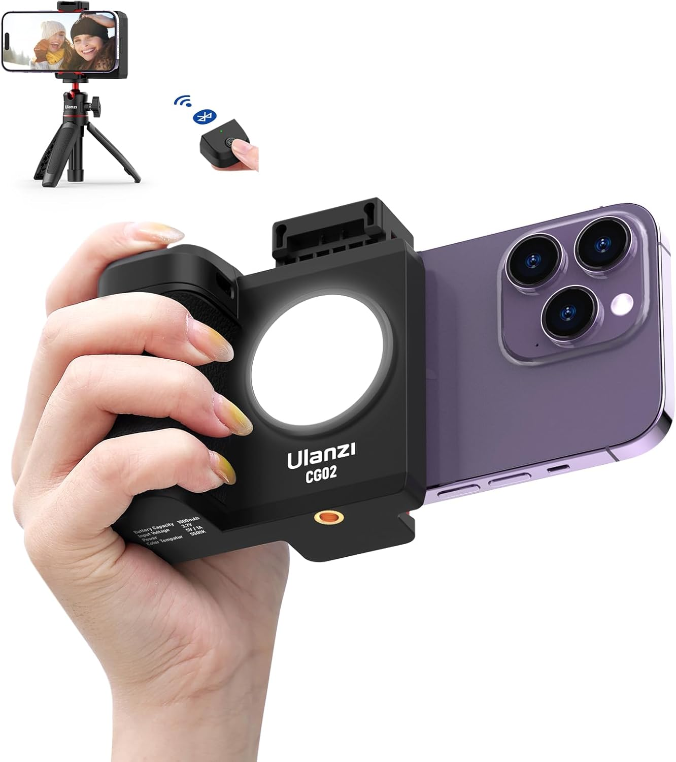 ULANZI CG02 Ungraded Cell Phone Camera Grip, Phone Tripod Mount with Detachable Wireless Bluetooth,Three-Gear Adjustable Fill Light for Iphone Samsung Google Android Phones Video/Photo Shooting image number 6