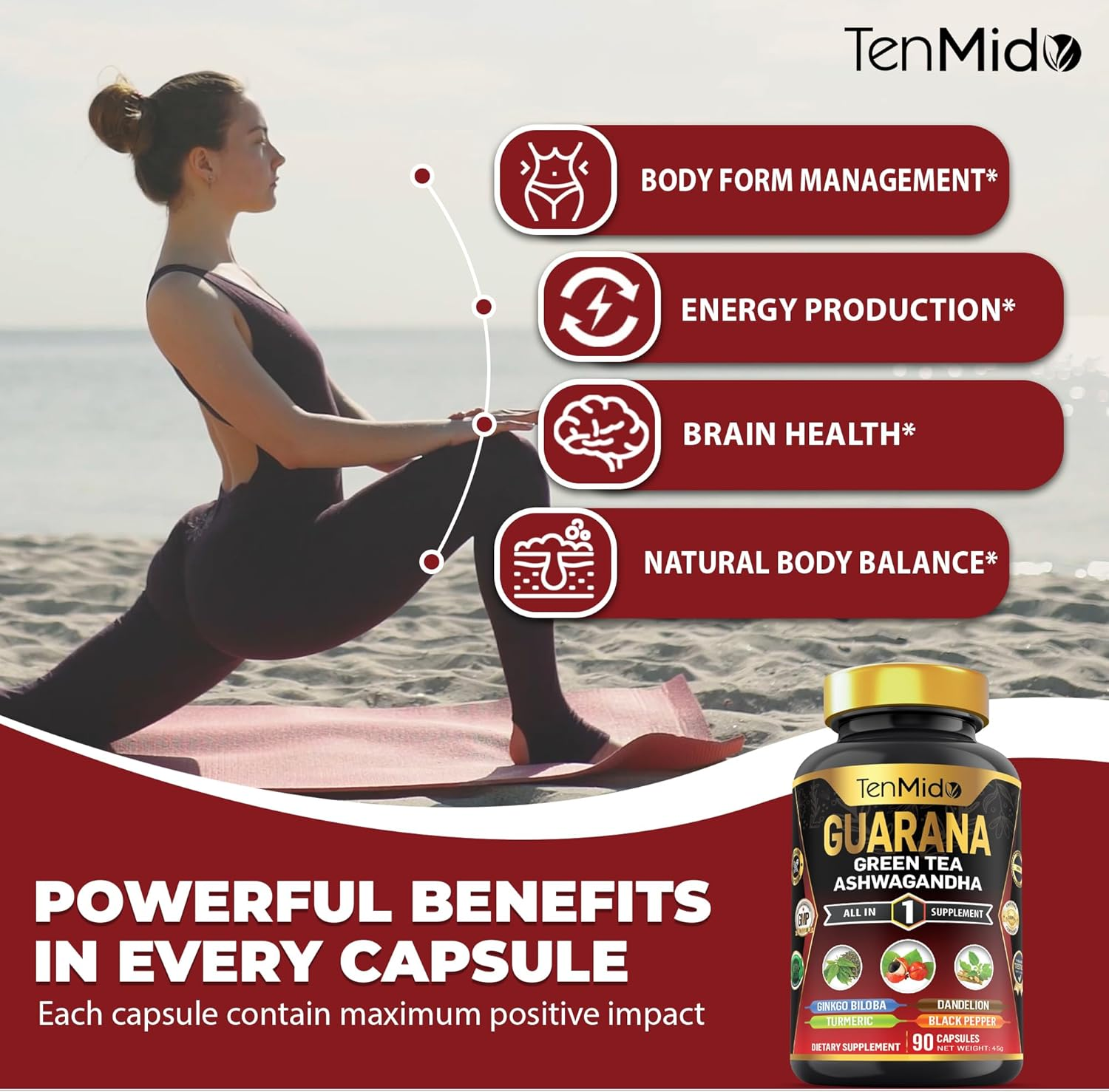 Guarana Supplements - 7In1 with Green Tea, Ashwagandha, Ginkgo Biloba, Turmeric, Dandelion and Black Pepper - 90 Vegan & Non-Gmo Capsules image number 1