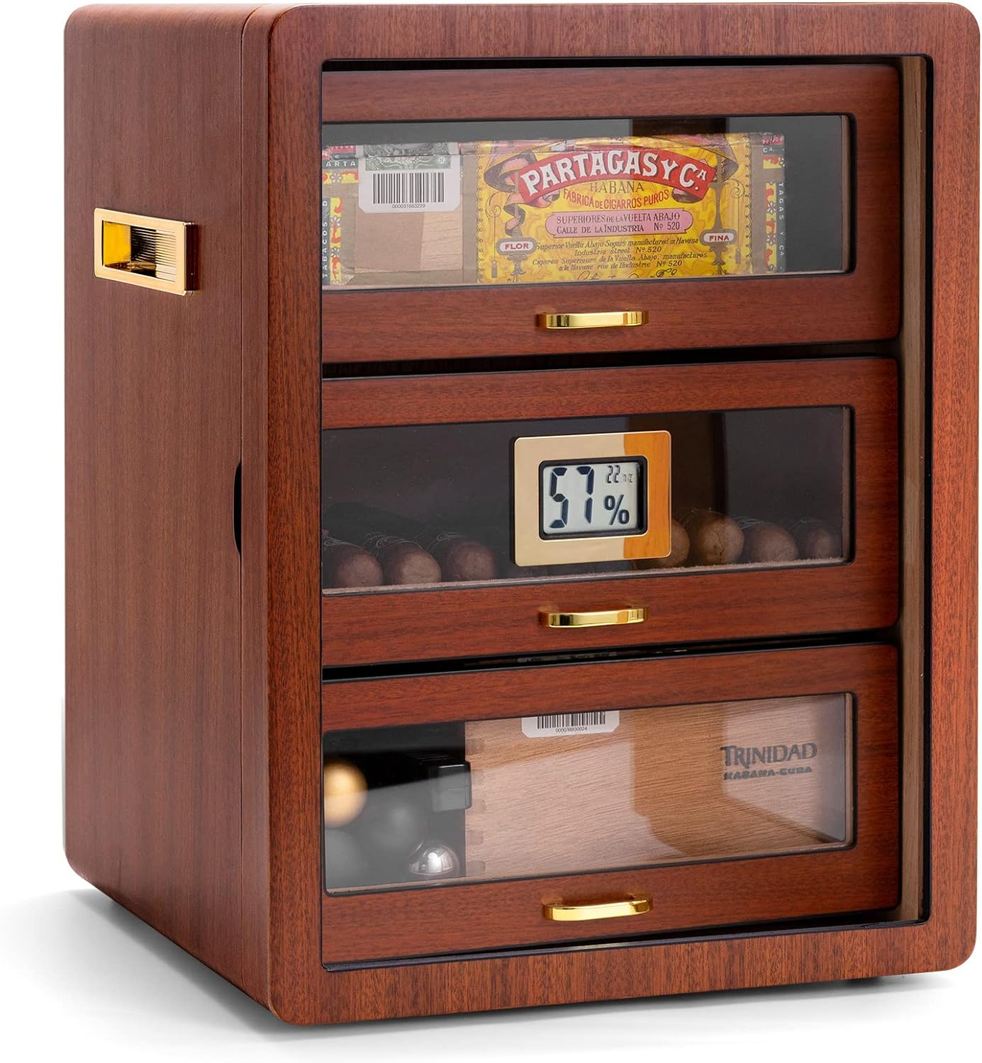 CIGARLOONG Cigar Humidor Cedar Wood 3 Drawers with Hygrometer and Humidifier Hidden Handle Moisturizing Box, Holds 100 Cigars Large Indoor Humidor（Cherry2） image number 3