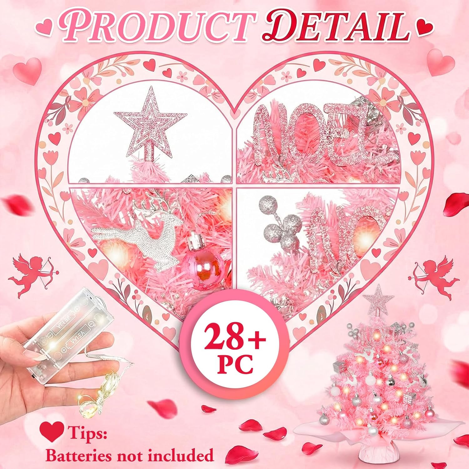 20" Mini Pink Christmas Tree, Artificial Small Table Top Christmas Tree with Warm Lights, Star Treetop and Ornaments, Tabletop Christmas Tree for DIY Pink Christmas Decoration Gifts