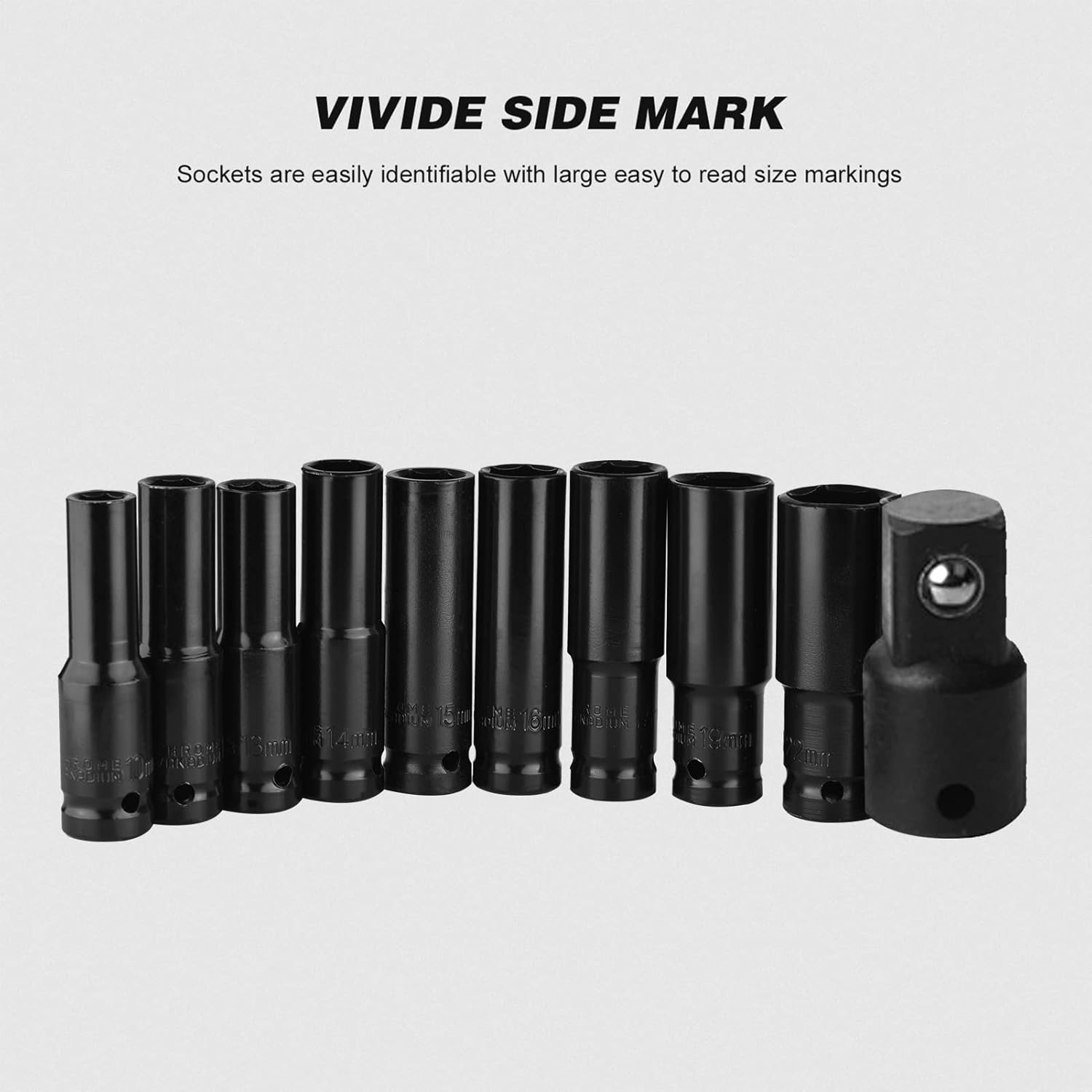 1/2 Inch Drive Hex Impact Socket Set 10-Piece Deep Socket Metric Sizes 10-22Mm and 3/8 Inch Adapter CR-V Material with Hard Storage Box image number 3
