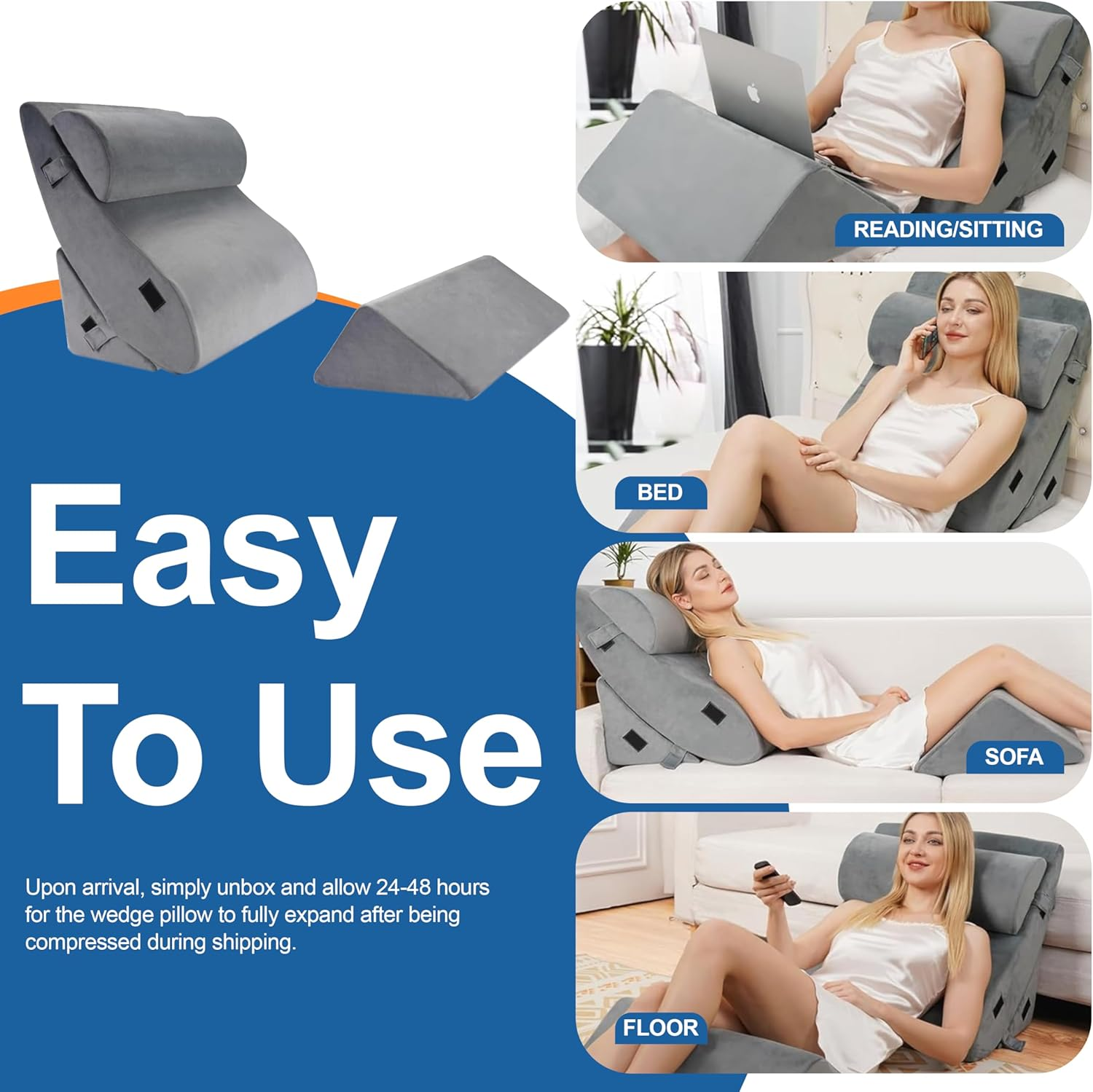 4 Pcs Orthopedic Bed Wedge Pillow for Sleeping - Memory Foam Pillows for Back, Neck & Leg Support, Ideal for Pain Relief & Snooring - Wedge Pillow Set with Machine Washable Cover image number 4