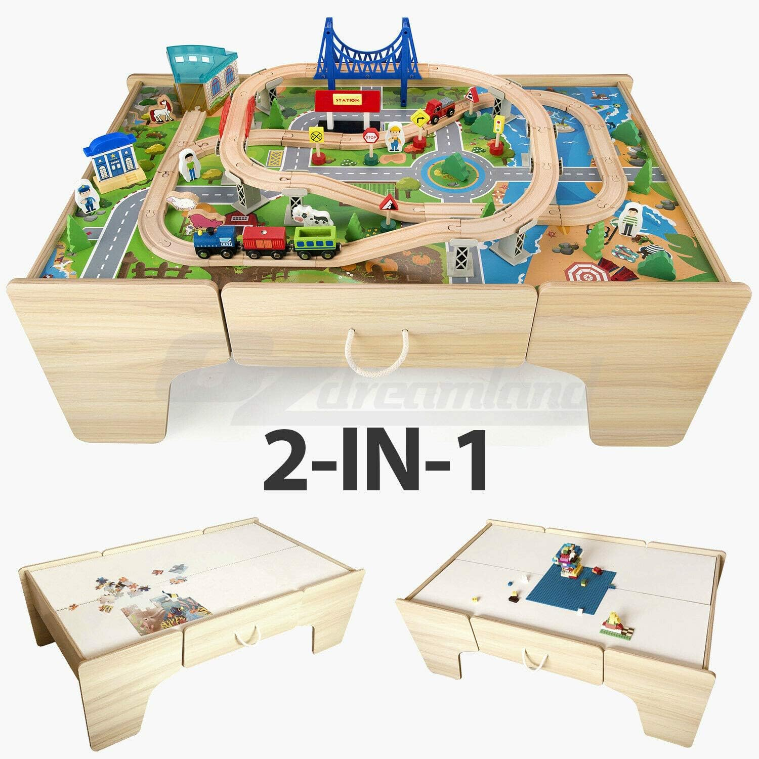 Kids Wooden Train Set Railway Activity Track Set Play Table with Storage Drawer 80PC 107(L) X63(W) X40(H) Cm image number 2