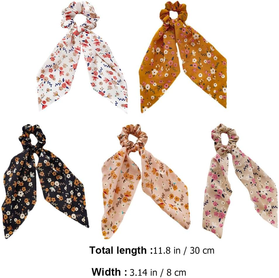 FOMIYES Pack of 5 Floral Satin Ribbon Hair Tie Fashion Scarves Ponytail Hair Band with Tail Flower Printed Hair Pompoms Ties image number 4