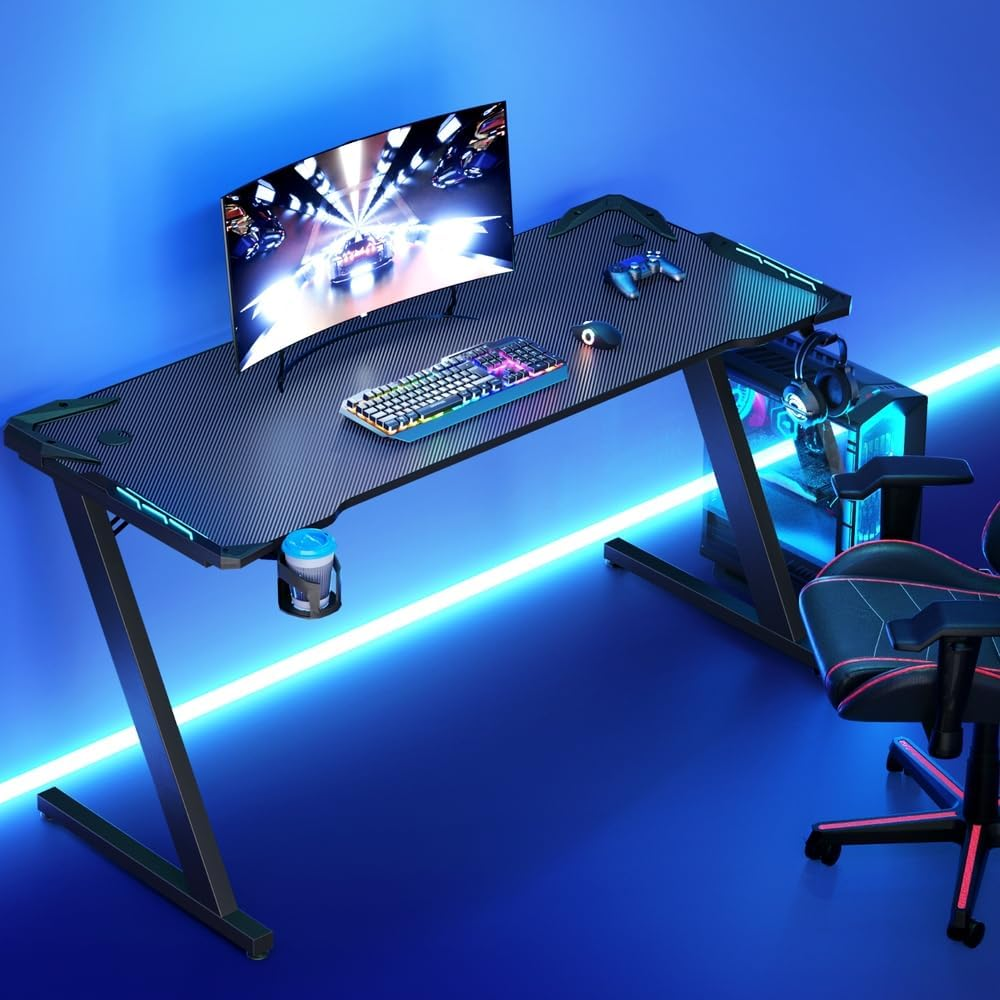 Artiss 140Cm Length Gaming Desk, Standing Computer Office Desks Study Table Work Tables Workstation Home Storage Furnishings, with RGB LED Lights Adjustable Cup Holder Headphone Hook Cable Holes Black image number 6