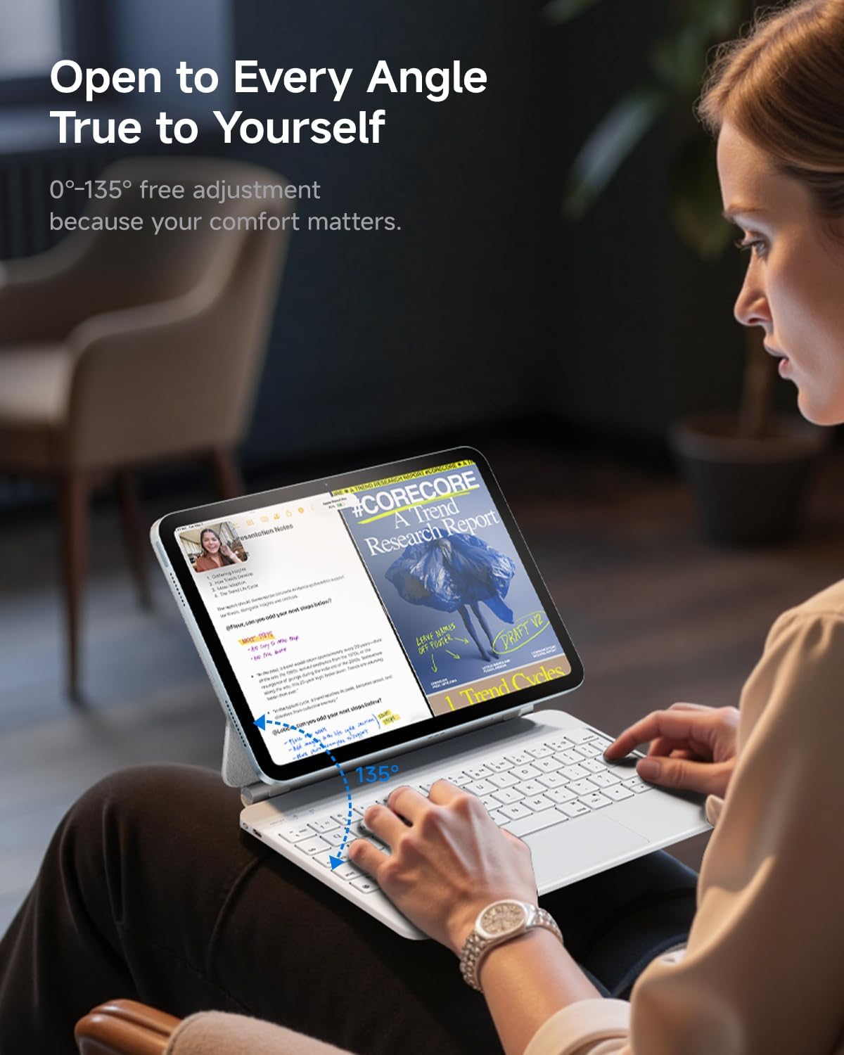 HOU Magnetic Keyboard Case for Ipad Air 11/Pro 11/Air 5&4, 135&deg; Wider Adjustable Tilt, Smooth Ag-Glass Touchpad, 12 Shortcut Key Combinations, 7-Color Backlight, Deeper 1.4Mm Key Travel, Bluetooth image number 4