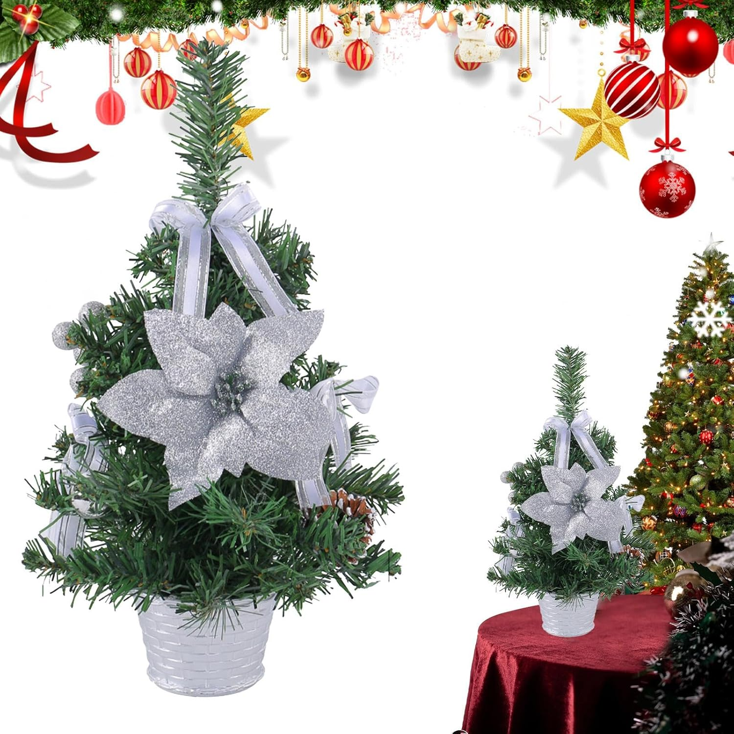 Tabletop Christmas Tree - Small Pine Tree Decorations - Table Small Christmas Tree with Christmas Ornaments for Window, Door, Shelf image number 4