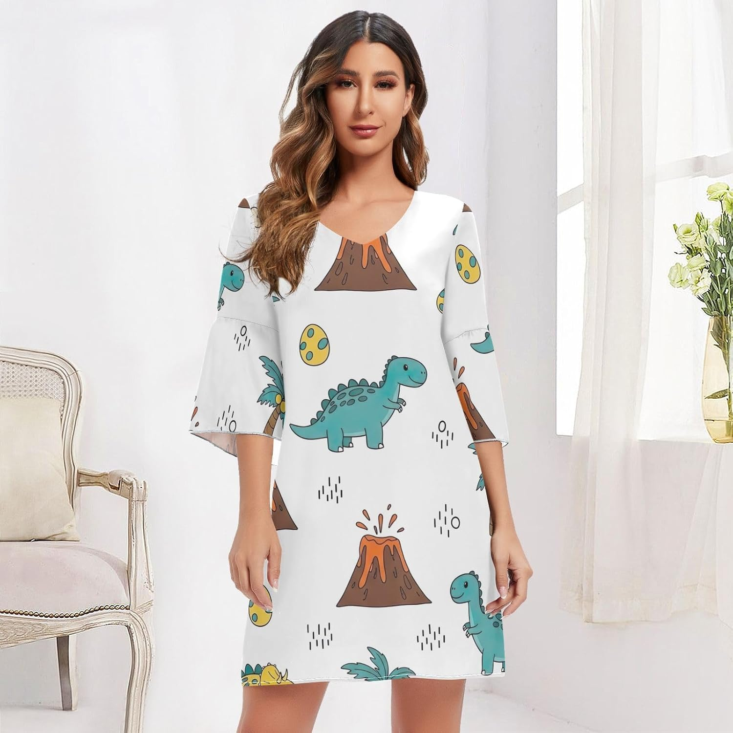 Cute Cartoon Dinosaurs White V Neck Dress Printed Line Maternity Dress image number 2