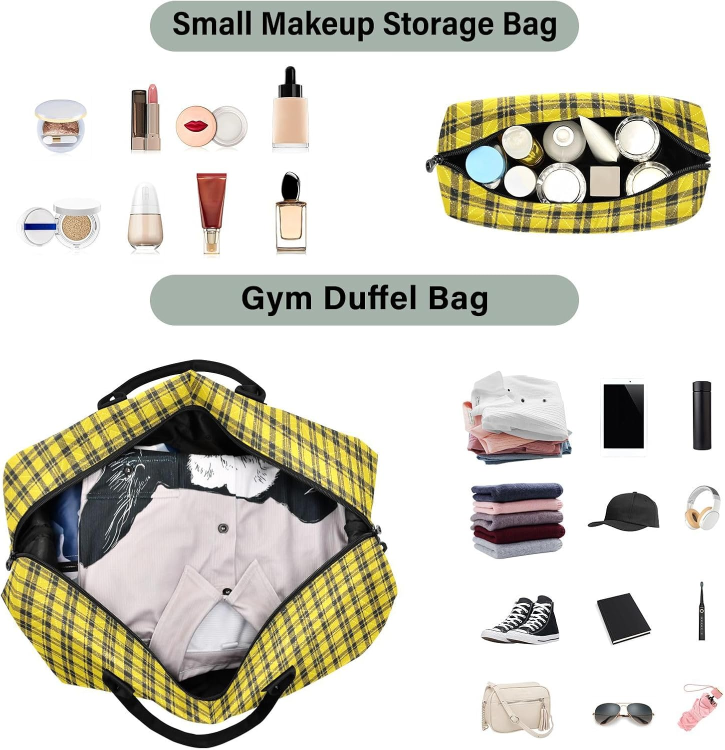 Large Bag Travel Weekender Gear Bag Gym Bag with Adjustable Strap for Airplane Traveling Large Capacity, Yellow Buffalo Plaid Checked image number 2