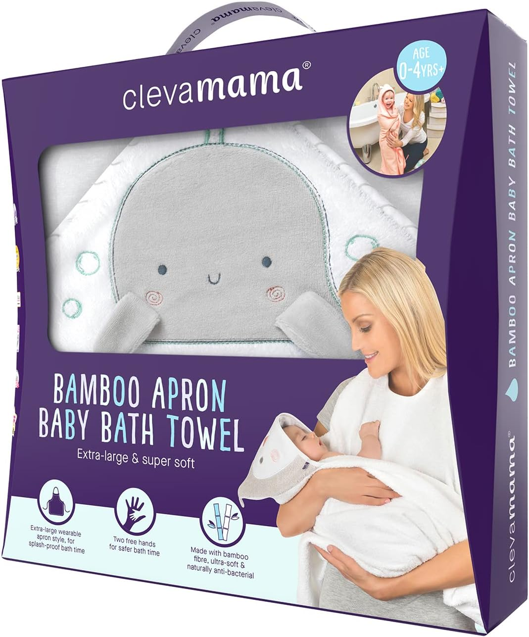 Clevamama Extra Large Bamboo Apron Baby Bath Towel with Hood for Newborn, Babies and Toddlers in Ultra Soft Bamboo, Absorbent, for Boys and Girls 0-4 Years - Grey, 98X98 Cm image number 2