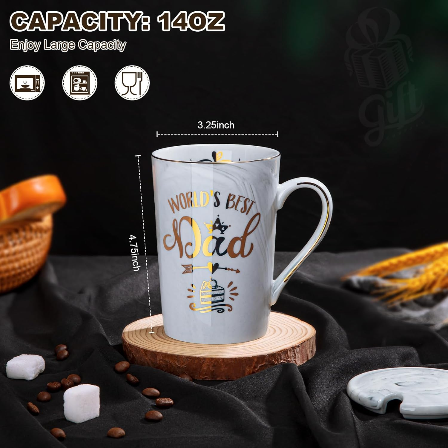 Fathers Day Gift from Daughter Son - World'S Best Dad - Daddy Mug Printed with Gold, Funny Dad Birthday Gifts Present for Dad, 14Oz Grey Ceramic Coffee Cup with Lid, Spoon, Greeting Card, Gift Boxed image number 5