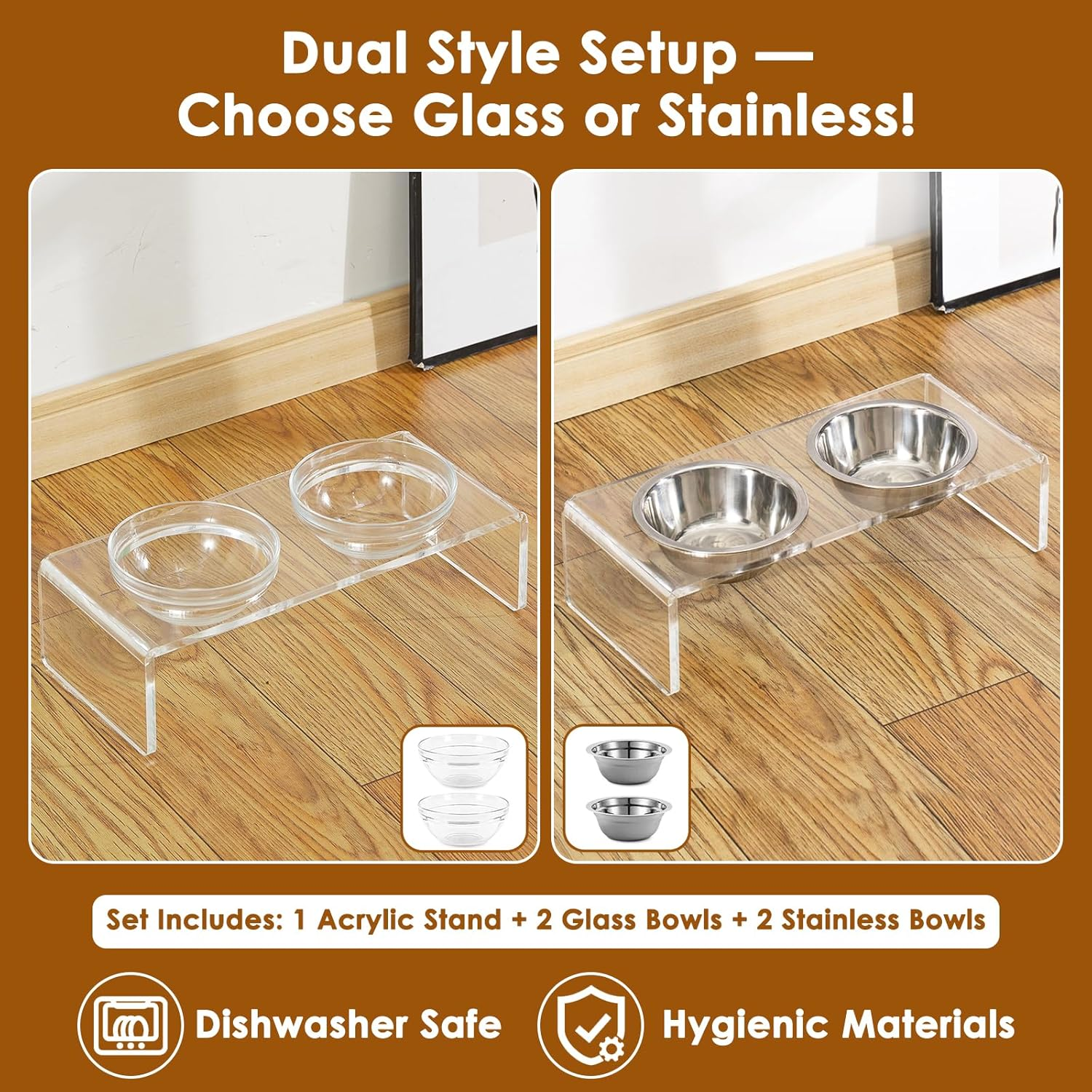 Acrylic Elevated Dog Cat Bowls Pet Feeder Double Bowl Raised Stand Comes with 2 Removable Glass Bowls and 2 Stainless Steel Bowls.Perfect for Cats Puppies Small Dogs image number 4