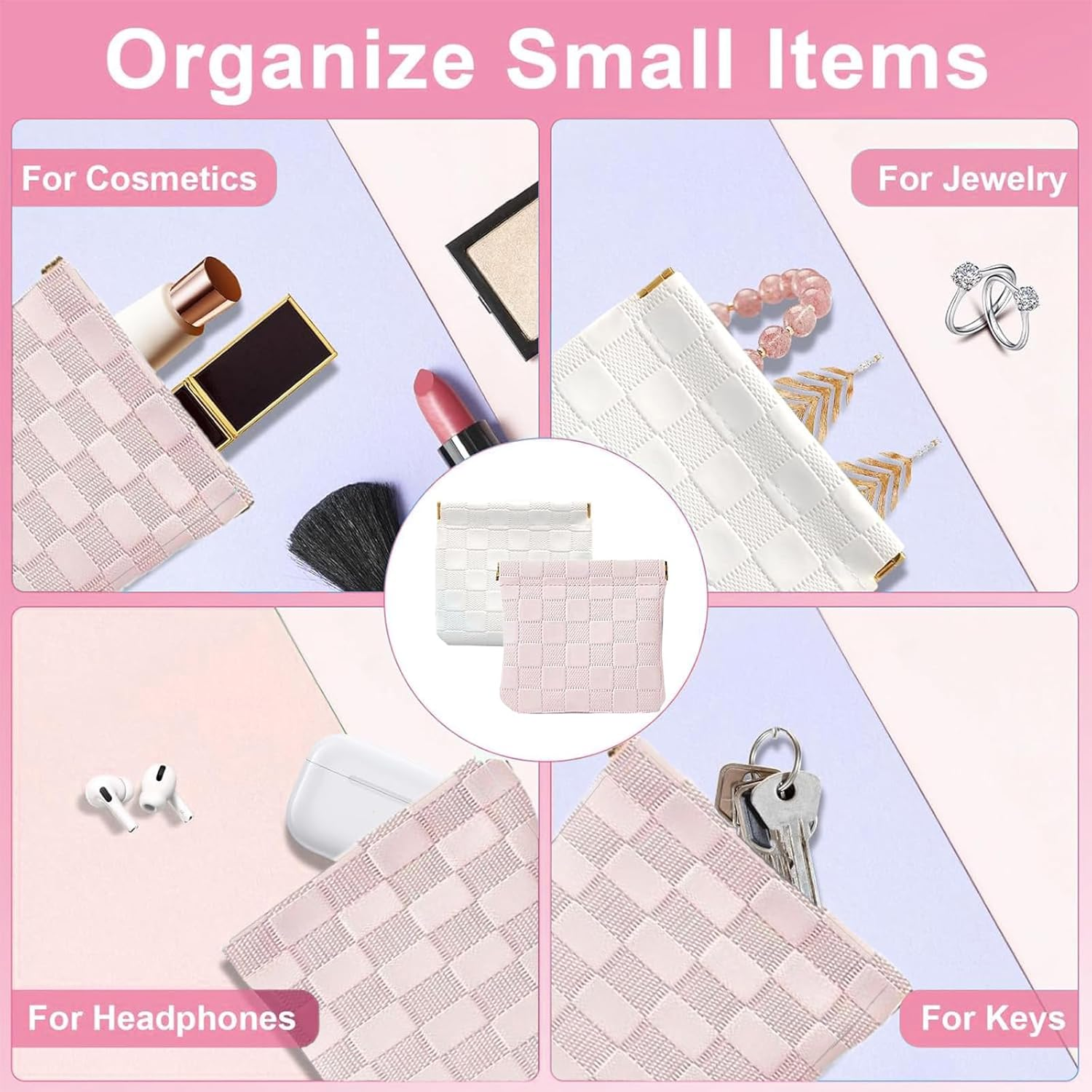 4PCS Mini Makeup Bags for Purse &ndash; Small Leather Cosmetic & Lipstick Pouches Waterproof Travel Organizer for Women (White & Pink) image number 2