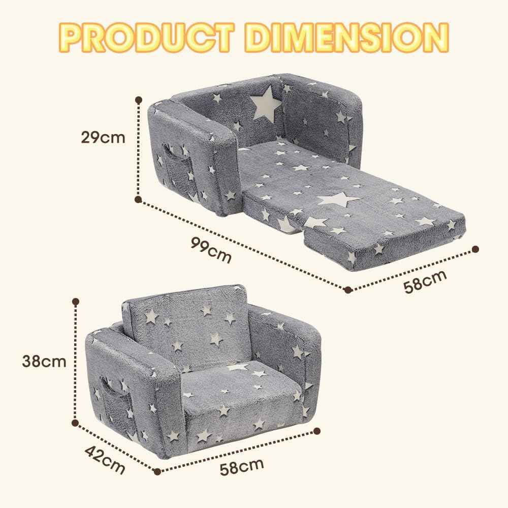 Playpals Kids Sofa Couch 2-In-1 Kids Flip Out Sofa, Convertible Sofa Bed to Lounger with Cute Star Designs, Glow in the Dark, Removable Washable Cover, Kid Couch for Girls Boys, Grey image number 3