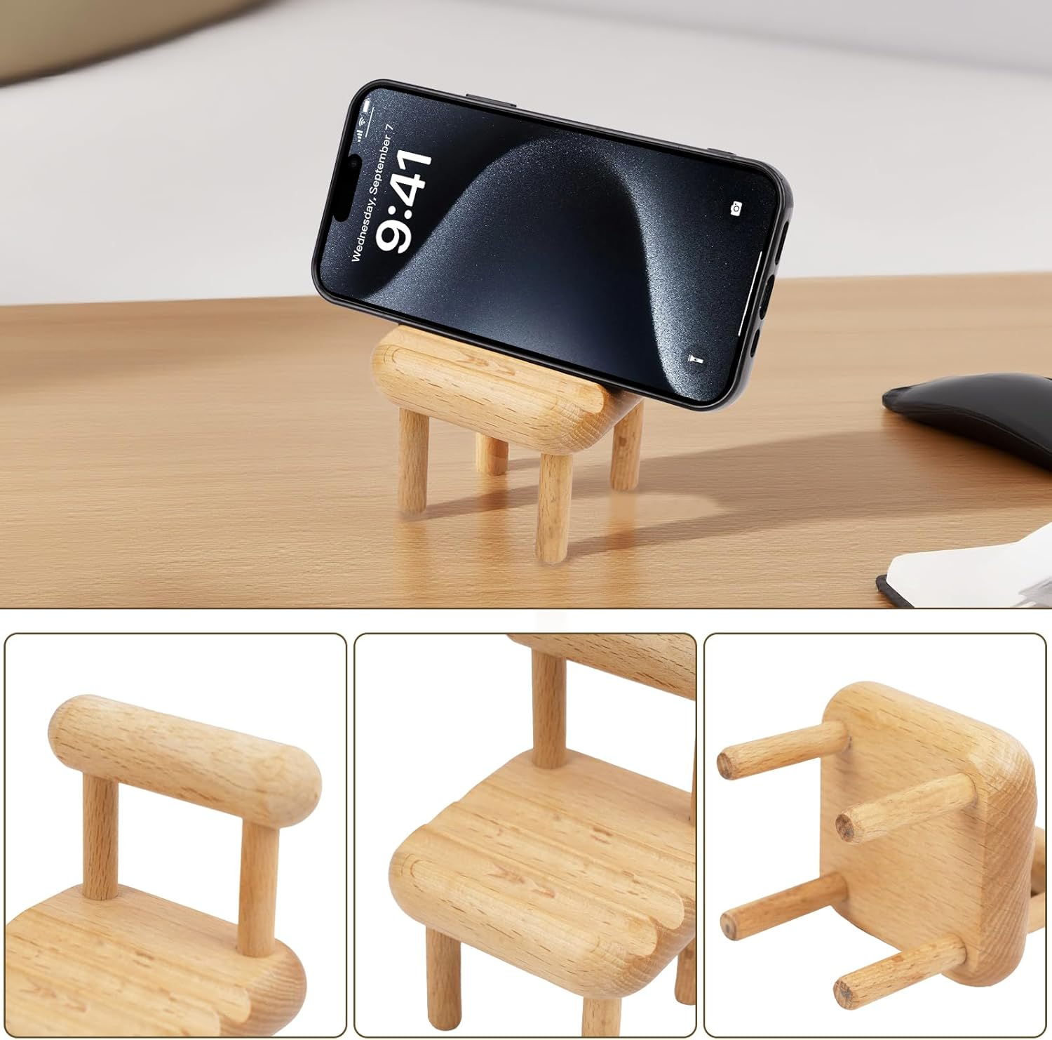 2 Pack Cell Phone Stand, Wooden Chair Holder for Desk, Angle Adjustable Desktop Phone Holder, Mini Wooden Chair, Portable Cellphone Cradle Desktop Dock for All Mobile Phones image number 5