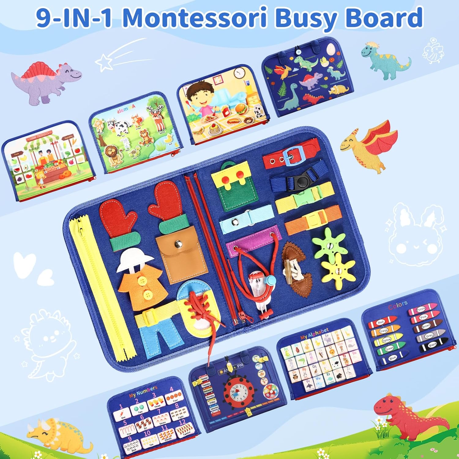 MINIBEAR Busy Board Montessori Toys for Toddlers, Kids Busy Book Toddler Sensory Toy, Preschool Educational Activities with Zipper Removable for 3 4 5 Years Girls Boys, Plane Car Travel Toys for Baby image number 5