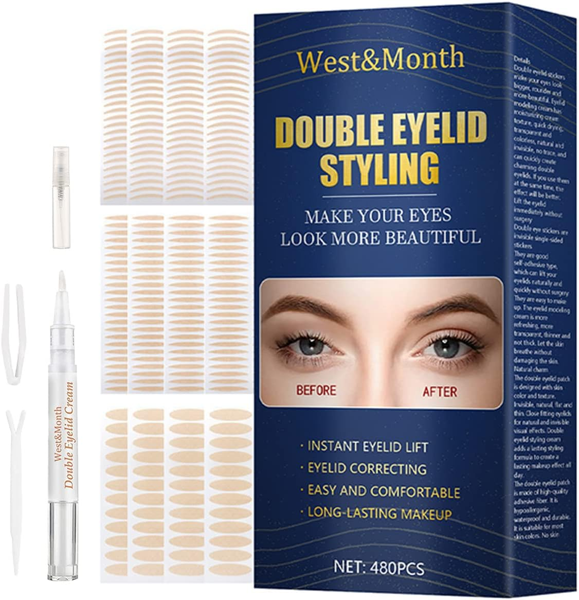 Double Eyelid Tape, Instant Eyelid Lift, Ultra Invisible Double Eyelid Sided Sticky, Eyelid Correcting Strips for Heavy Hooded Droopy Lids, with Eye Cream Tweezers Spray image number 3
