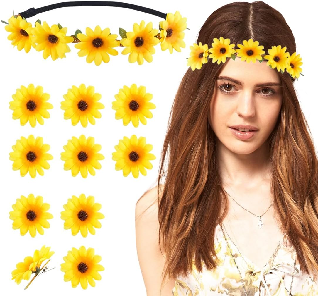 EYVRPAU 10 Hair Clips Flower Hair Band Sunflowers Headband Goose Flowers Hair Accessories Headband Flower Wreath Headdress Women Girls Beach Wedding Travel Carnival Party (Yellow)
