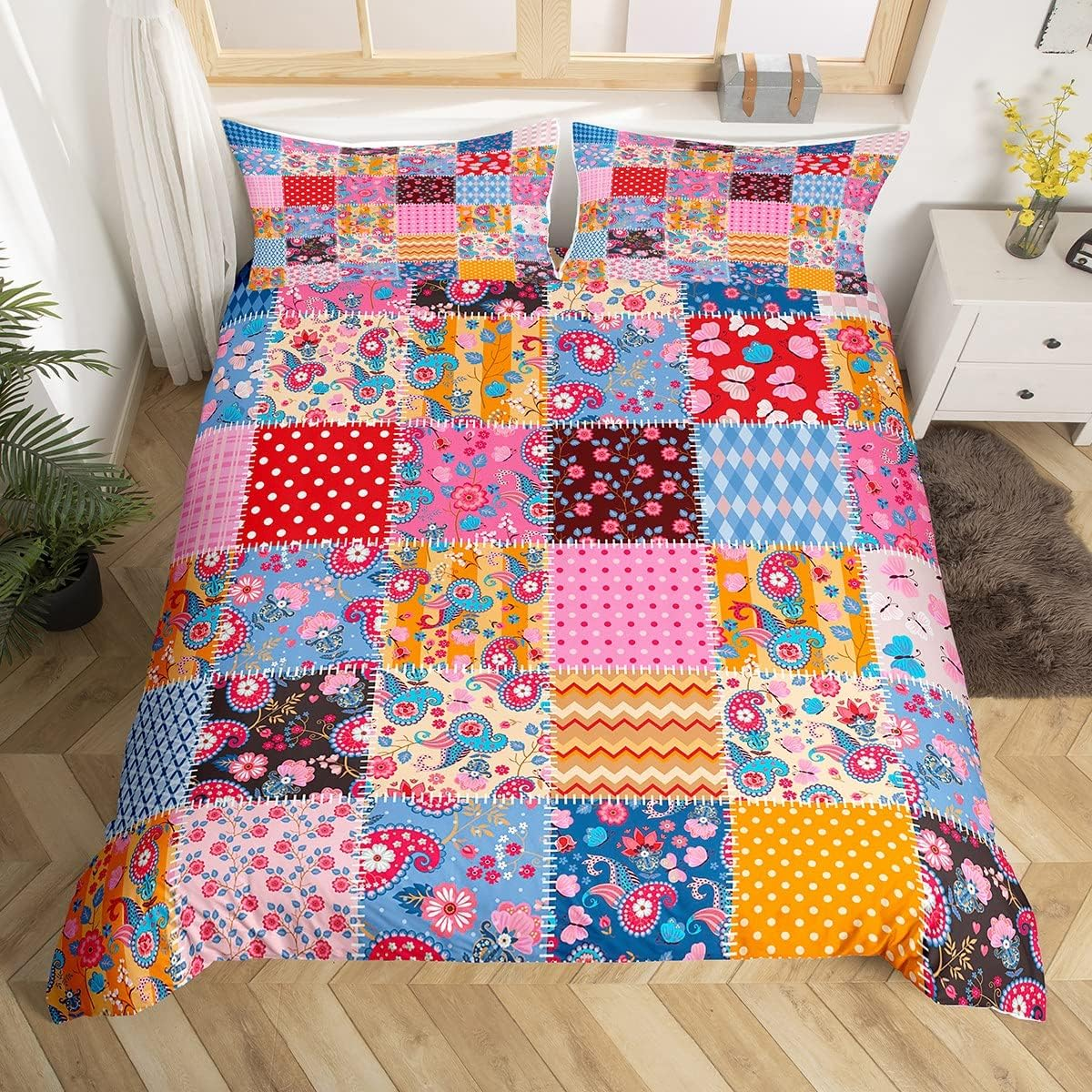 Manfei Floral Grid Patchwork Duvet Cover Set S Size, Vintage Paisley Flowers Dots Stripes Check Comforter Cover Romantic Boho Style Bedding Sets Children Girls Women Colourful Rustic Quilt Cover image number 2