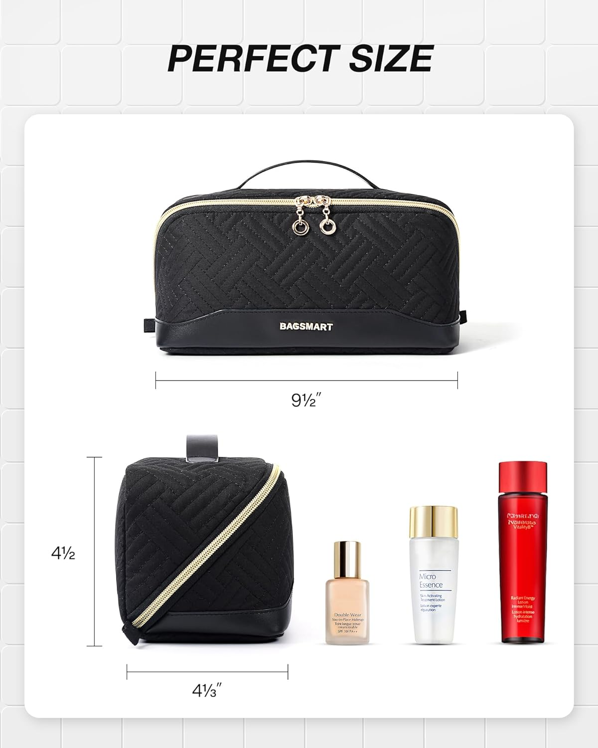 BAGSMART Makeup Bag Cosmetic Bag, Travel Makeup Bag,Water-Resistent Makeup Bags for Women Portable Pouch Open Flat Make up Organizer Case for Toiletries, Brushes, Black image number 3