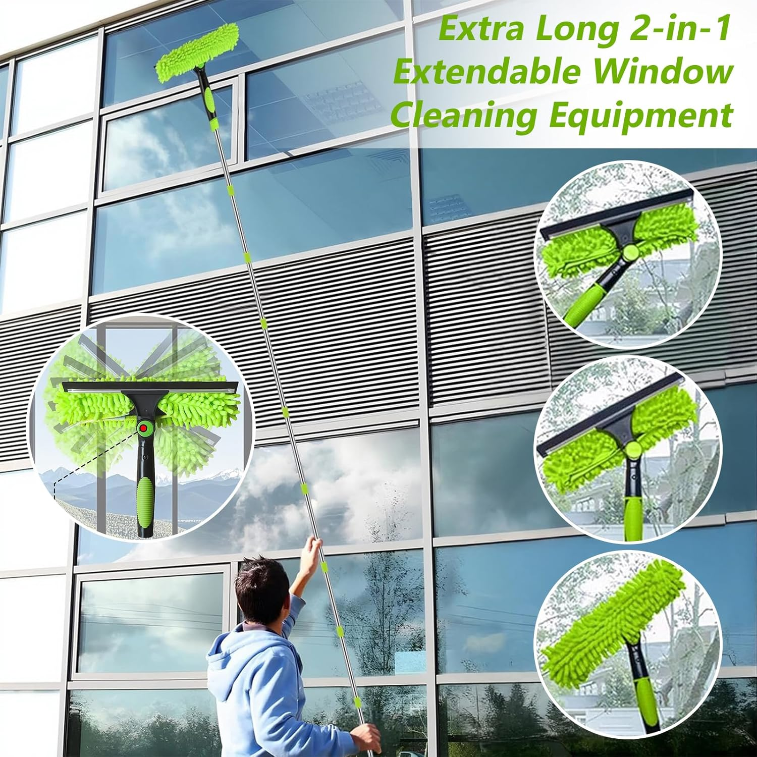 4.5M Window Cleaning Kit, Extra Long 2-In-1 Extendable Window Cleaning Equipment with Microfiber Cloth Squeegee Strips for High Windows, Walls & Cars image number 5