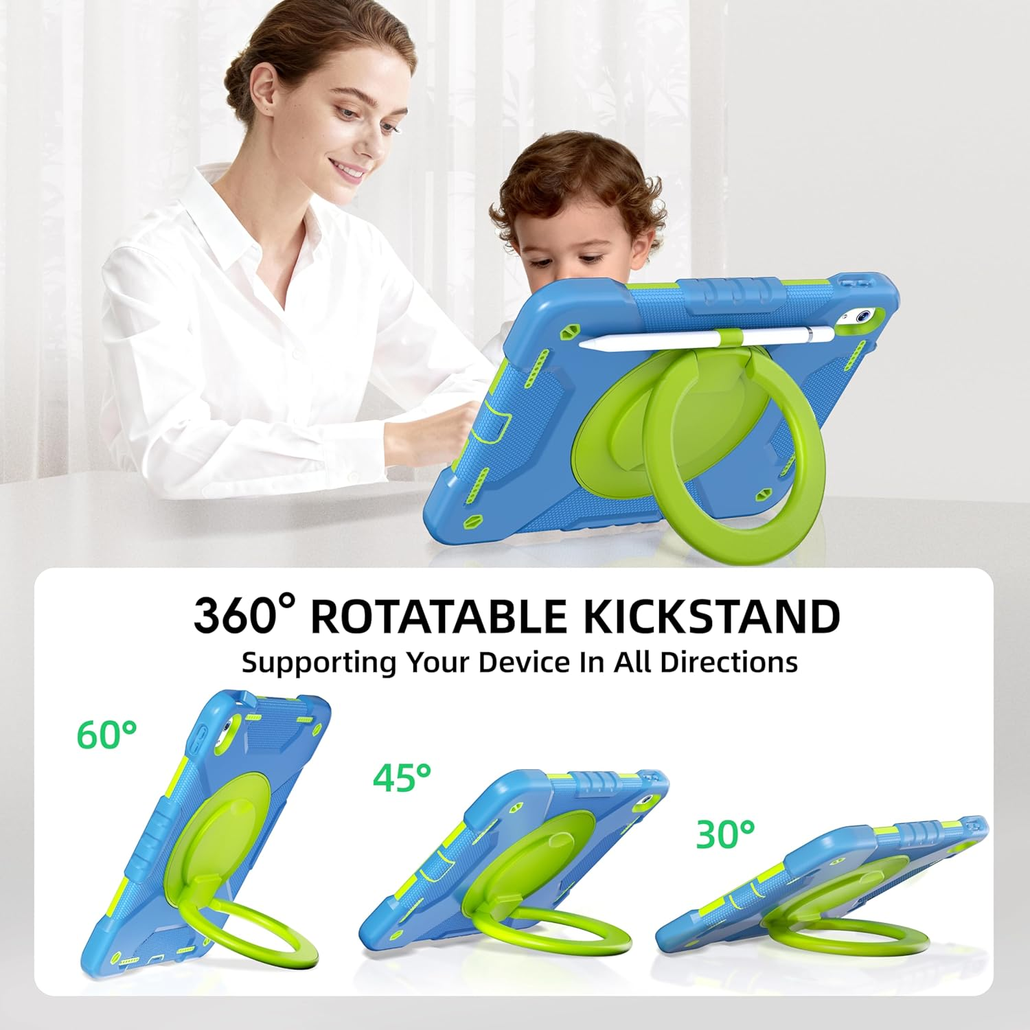 Case for Ipad (A16) 11Th Generation 11 Inch 2025/10Th Generation 10.9 Inch 2022, Heavy Duty Shockproof Cover with 360&deg; Rotating Handle/Bracket/Pen Holder/Shoulder Strap, Blue+Green